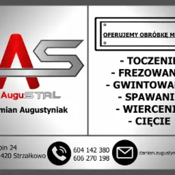 Logo firmy AuguSTAL oferującej obróbkę metali: toczenie, frezowanie, gwintowanie, spawanie, wiercenie, cięcie. Dane kontaktowe: adres, telefon, email.