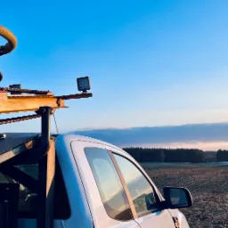 Wiertnica zamontowana na samochodzie terenowym na tle pola i lasu o zmierzchu. Specjalistyczny sprzęt do wierceń geologicznych w terenie.