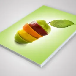 Płyta z tworzywa sztucznego z nadrukiem grafiki przedstawiającej przekrojone owoce: limonkę, cytrynę, pomarańczę i jabłko, na zielonym tle z efektem rozświetlenia.