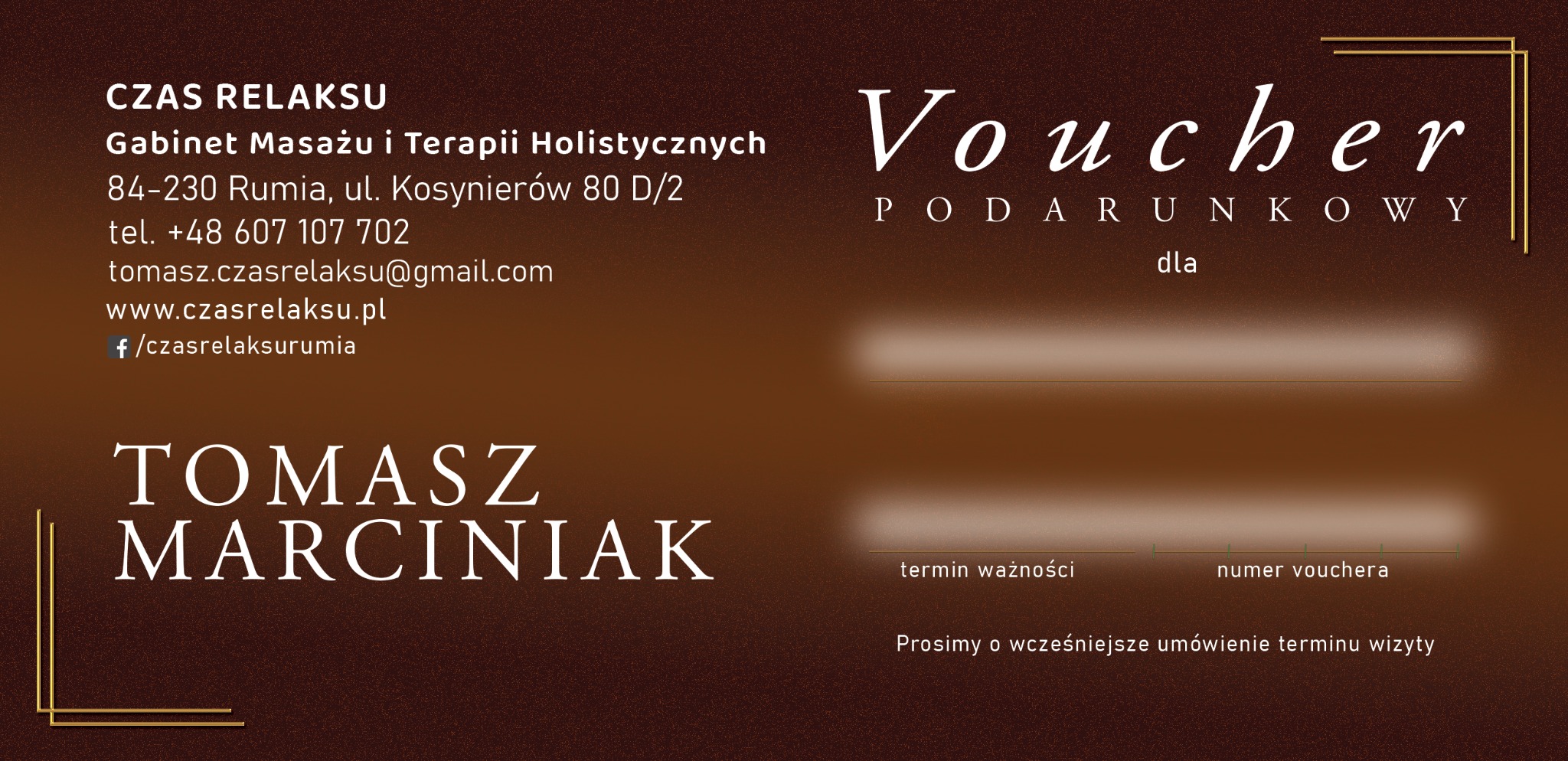 Elegancki voucher podarunkowy do gabinetu masażu i terapii holistycznych, z danymi kontaktowymi i informacją o konieczności wcześniejszego umówienia wizyty.