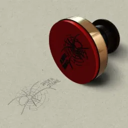 Stempel z czerwonym, okrągłym stemplem i drewnianą rączką, odbity wzór pająka z napisem 'Spider Store' na szarym tle.