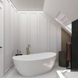 Elegancka, minimalistyczna łazienka na poddaszu z białą wanną wolnostojącą, złotą armaturą i modną, czarną ścianą. W tle widoczne okno dachowe.