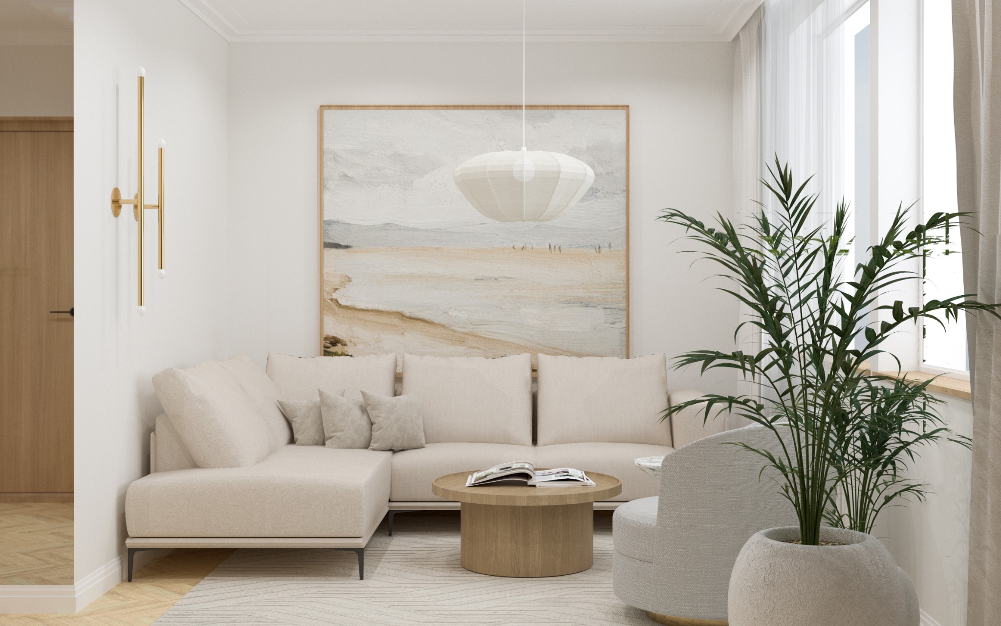Jasny salon z narożnikiem, okrągłym stolikiem kawowym, obrazem plaży i rośliną doniczkową. Minimalistyczny design, złote akcenty oświetleniowe, neutralna kolorystyka.