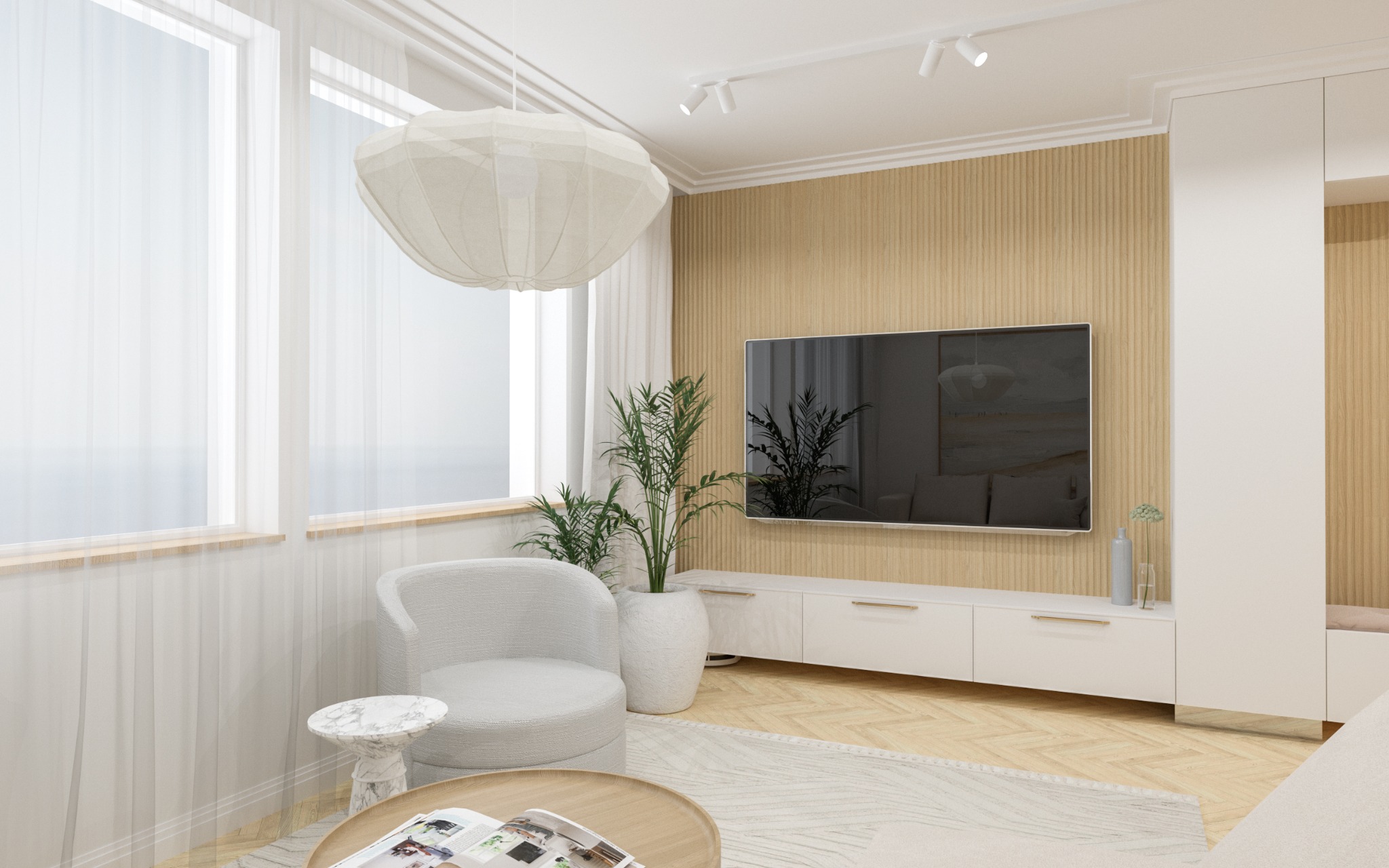 Wizualizacja salonu: beżowa ściana z TV, białe meble, fotel boucle, lampa w stylu origami, parkiet chevron. Projekt w Gdańsku Brzeźnie z nadzorem.