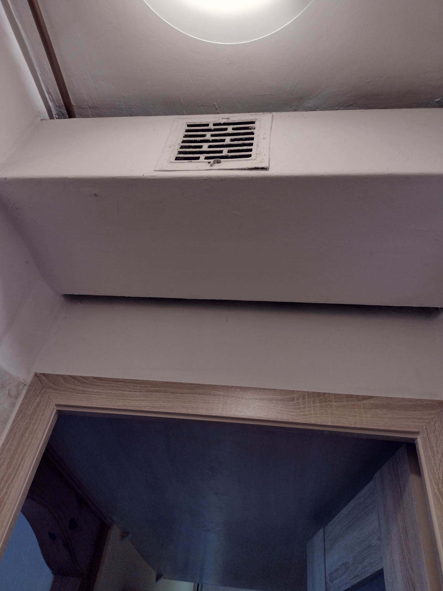 Biały sufit z kratką wentylacyjną i lampą w okrągłej oprawie, widok od dołu z fragmentem drewnianej futryny drzwi. Minimalistyczny design wnętrza.