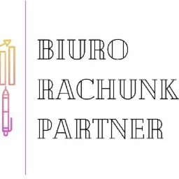 Grafika wektorowa przedstawiająca dokument, lupę, kalkulator, wykres słupkowy z rosnącą linią i długopis, obok napis 'Biuro Rachunkowe Partner' w prostym kroju pisma.