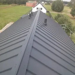 Nowoczesny, grafitowy dach panelowy z pionowymi łączeniami, widoczne kominki wentylacyjne, w tle zabudowa jednorodzinna i zielone pola.