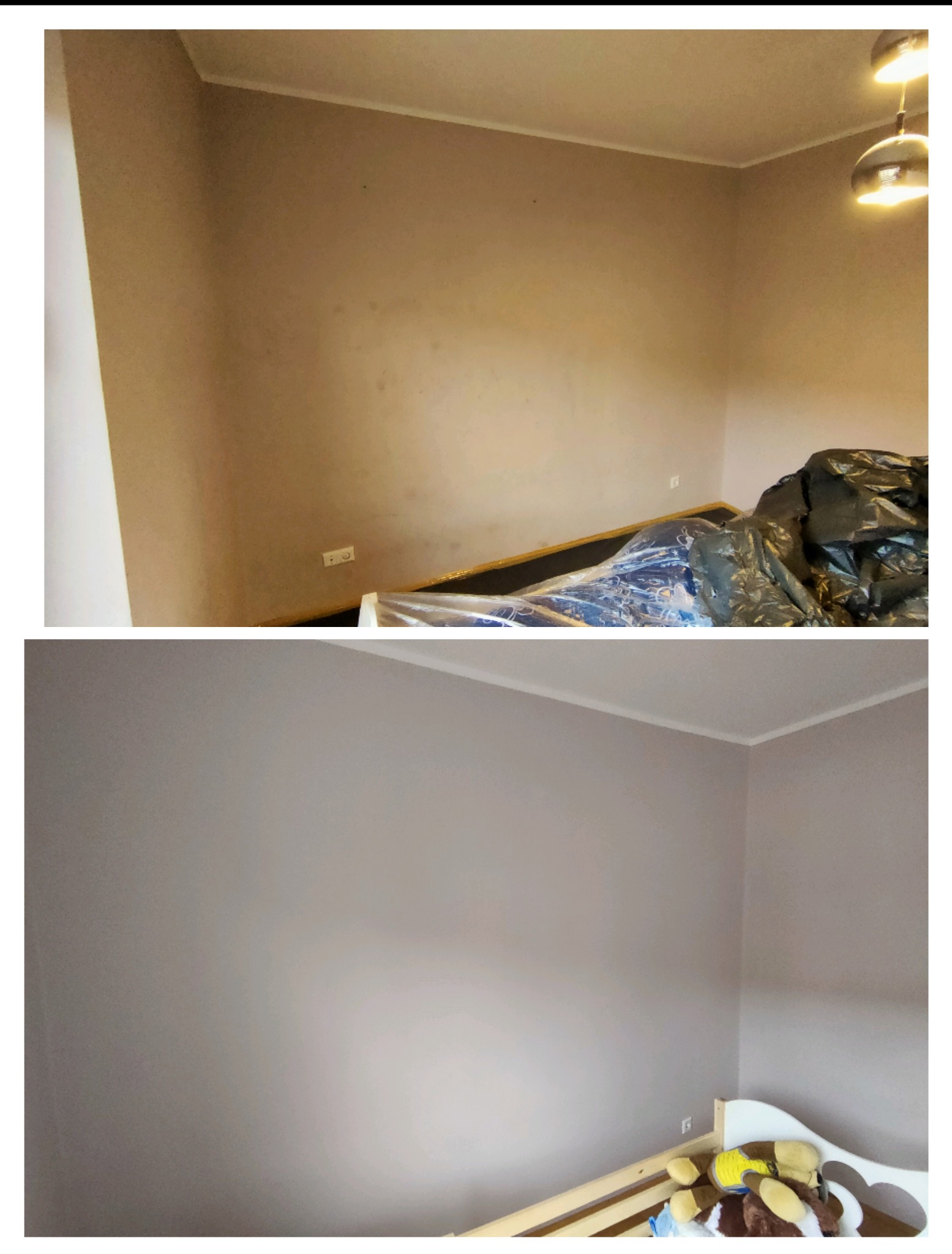 Dwa ujęcia tego samego pokoju: górne przed, z widocznymi niedoskonałościami ściany i zabezpieczonym meblem, dolne po, z jednolitą, świeżą powłoką i widocznym dziecięcym łóżkiem.