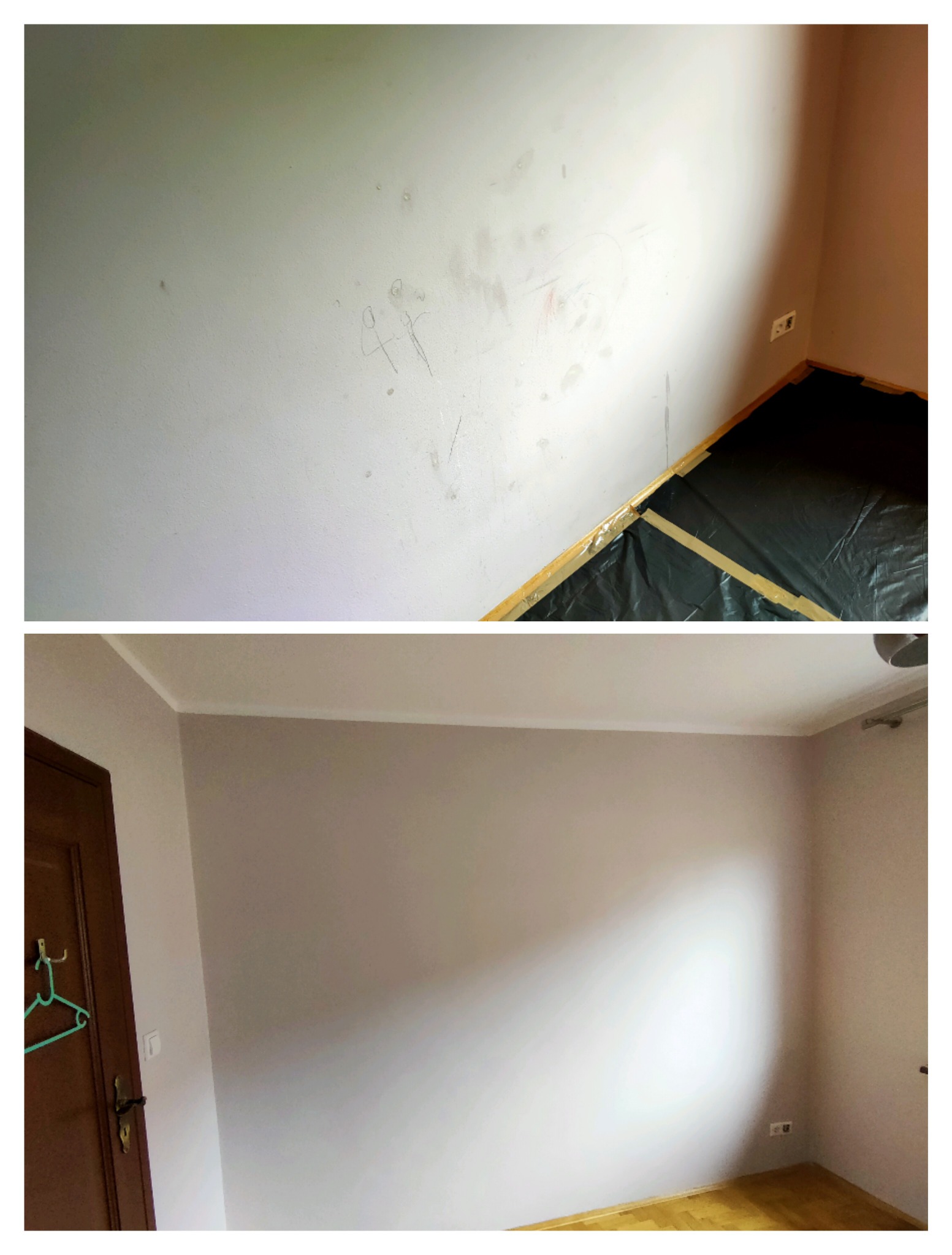 Dwuczęściowe zdjęcie: u góry ściana przed odświeżeniem z zabrudzeniami i rysunkami, zabezpieczona folią podłoga; u dołu ta sama ściana po odświeżeniu, w rogu widoczny fragment drzwi z wieszakiem.