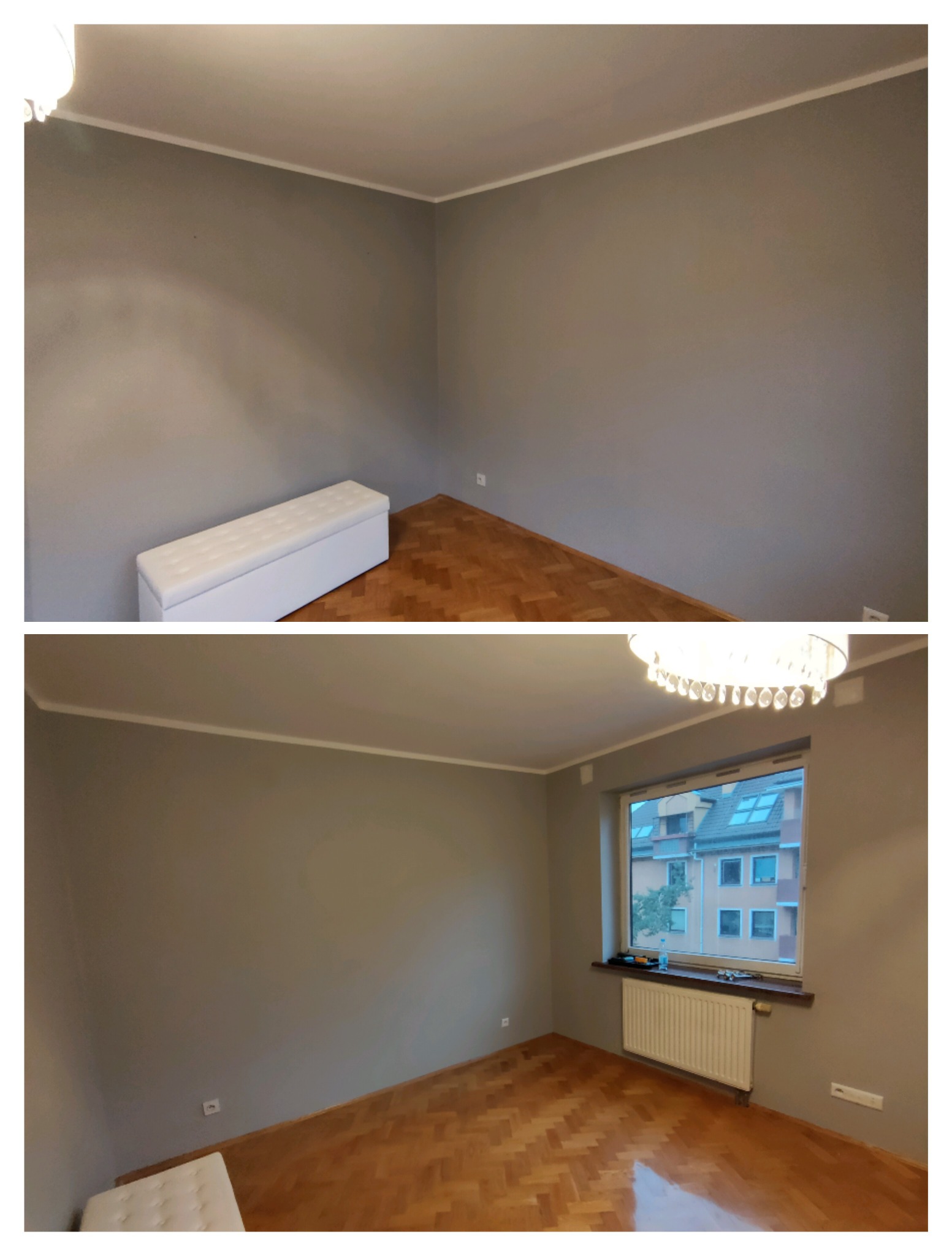 Dwa ujęcia pokoju po odświeżeniu koloru ścian na szaro, widoczna podłoga z parkietem w jodełkę, biała listwa sufitowa oraz biała pufa i kaloryfer pod oknem.