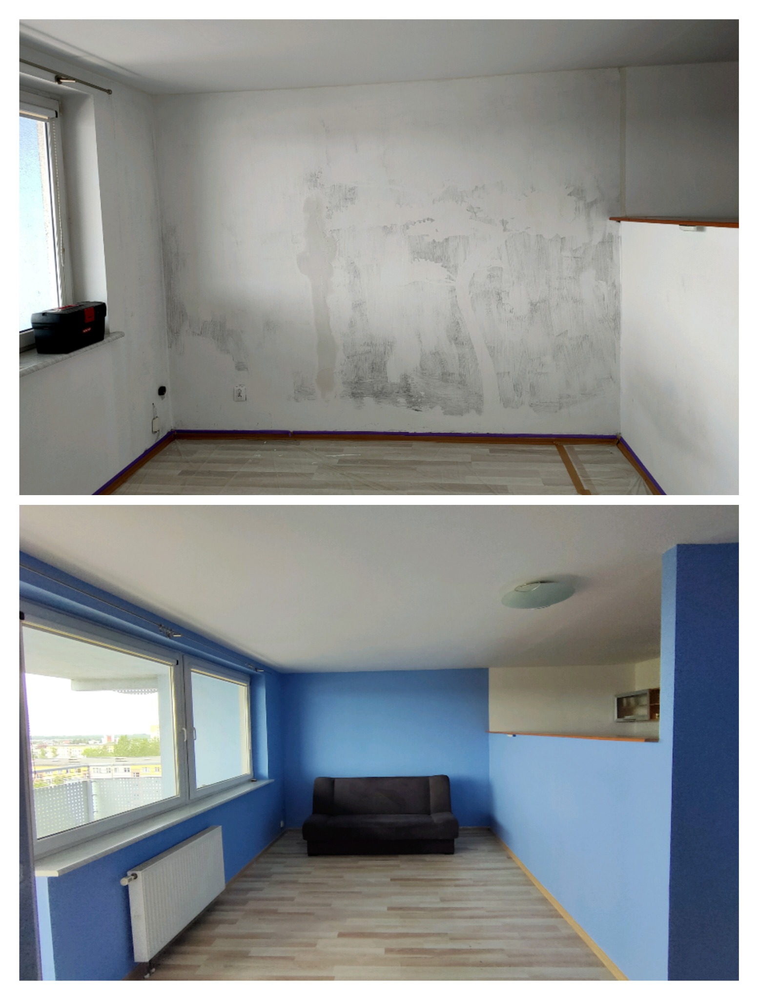 Dwuetapowe zdjęcie pokoju: góra - ściana po szpachlowaniu, zabezpieczona taśmą malarską przy podłodze, dół - ściana pomalowana na niebiesko, z grzejnikiem i sofą.