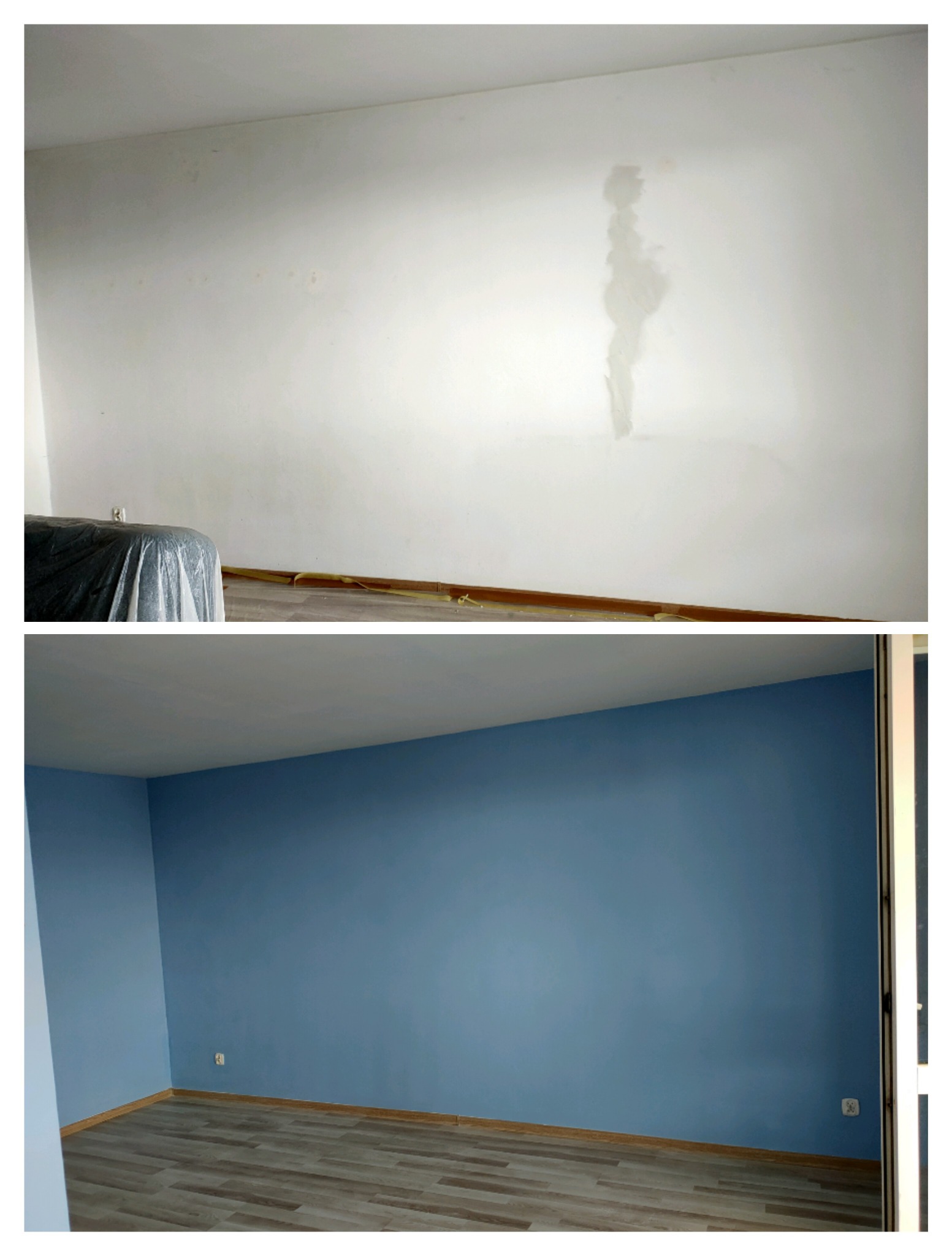 Porównanie stanu ściany przed i po: od białej ściany z widocznymi plamami i uszkodzeniami do świeżo pomalowanej na niebiesko, gładkiej ściany w pomieszczeniu z panelami podłogowymi.