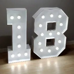 Podświetlane, białe, dekoracyjne cyfry '18' z żarówkami, ustawione na drewnianej podłodze na tle szarej ściany, prawdopodobnie element dekoracji na osiemnaste urodziny.