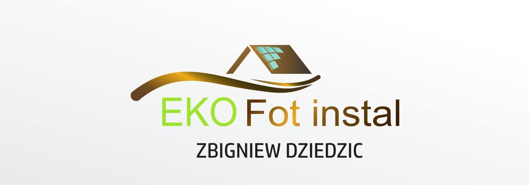 Logo firmy EKO Fot instal Zbigniew Dziedzic z motywem domu i panelami słonecznymi w kolorach zieleni, złota i brązu na białym tle.