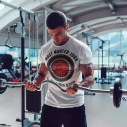 Młody mężczyzna w siłowni, ubrany w białą koszulkę z nadrukiem 'Most Wanted Jura', ćwiczy biceps z użyciem sztangi łamanej.