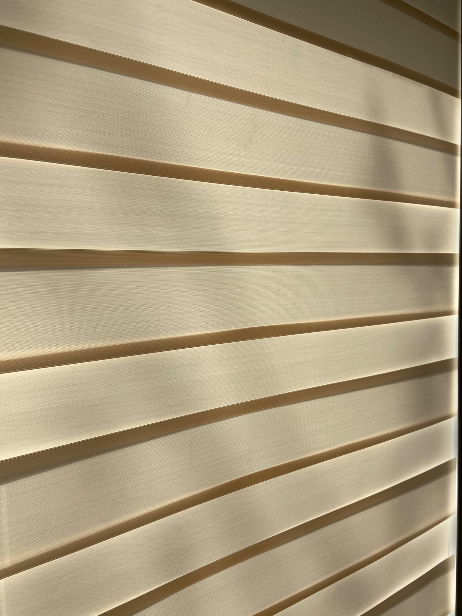 Beżowe żaluzje wewnętrzne typu dzień-noc, z widoczną delikatną strukturą materiału i subtelnymi cieniami. Listwy ułożone poziomo, częściowo zasłonięte.