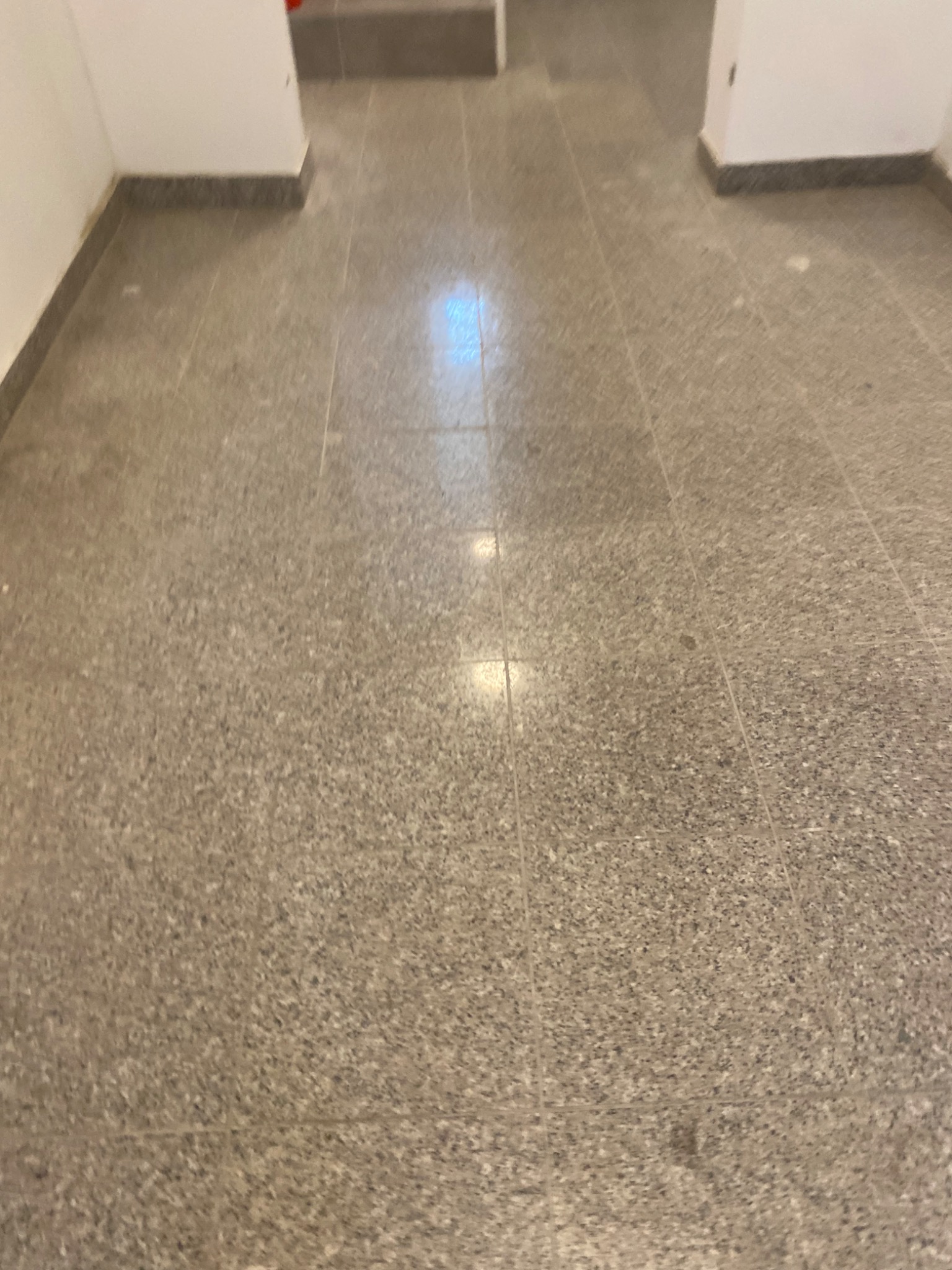 Szara podłoga z lastryko w korytarzu, widoczne fragmenty ścian i schodów w tle.