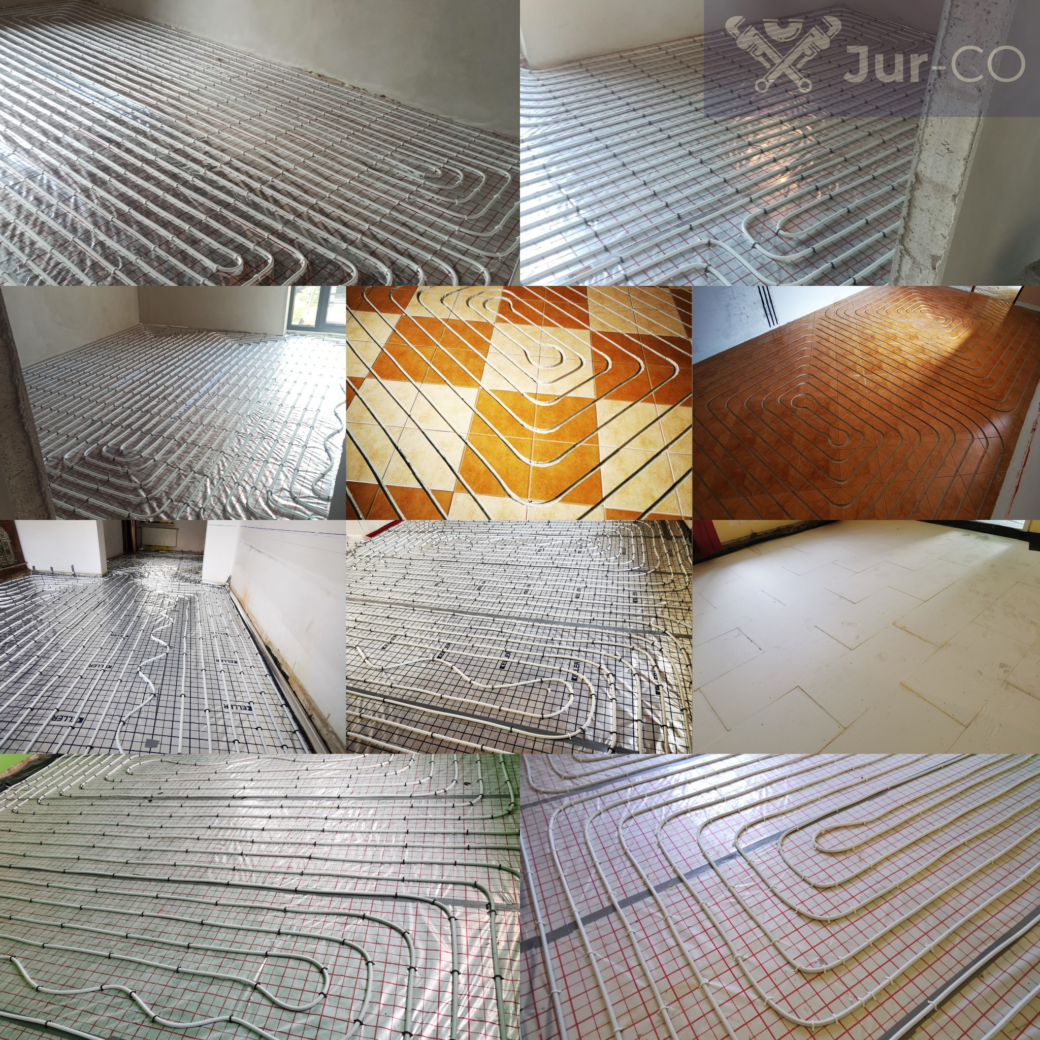 Kolaż zdjęć przedstawiających różne etapy montażu rur ogrzewania podłogowego, w tym rury ułożone na folii z siatką, rury w wyfrezowanych rowkach w płytkach, oraz rury na styropianie.