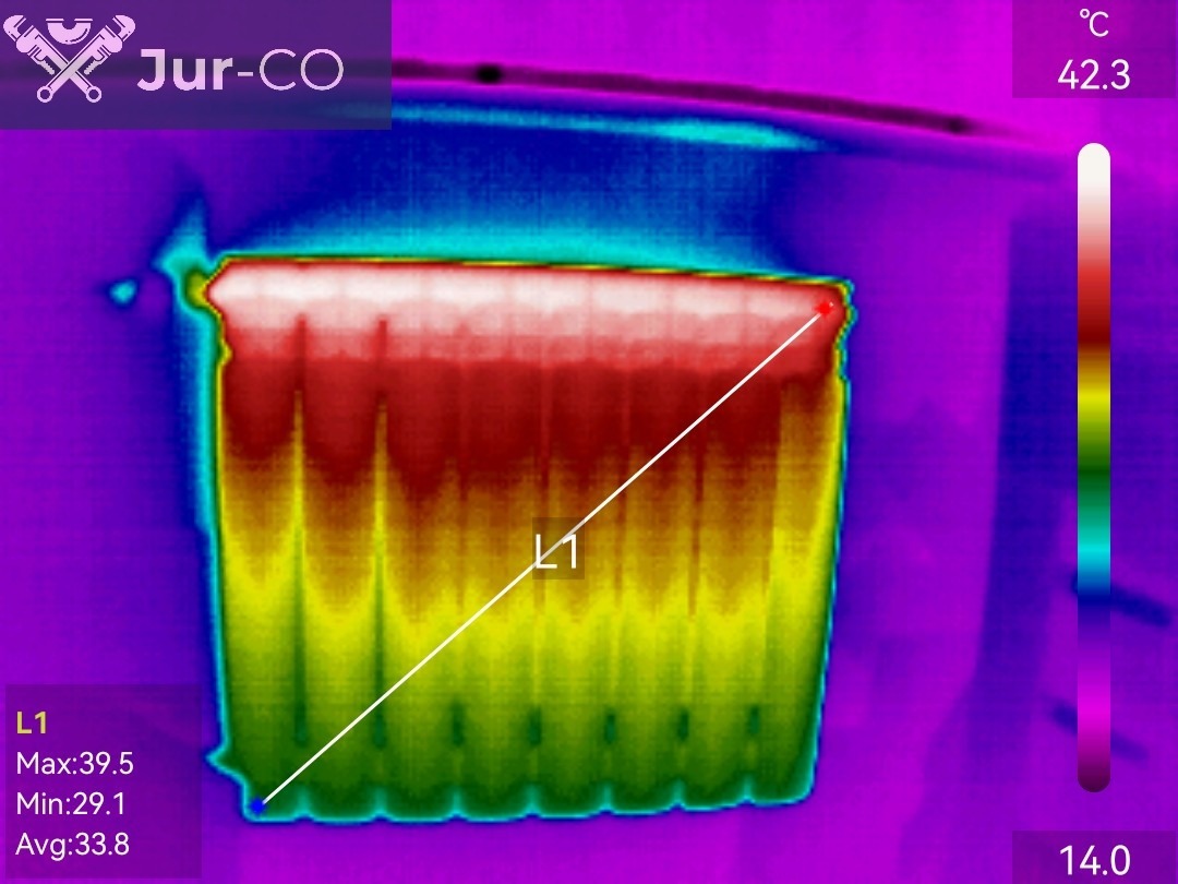 Termowizyjne zdjęcie grzejnika z zaznaczonym profilem temperatury, widoczne wartości maksymalne, minimalne i średnie temperatury.