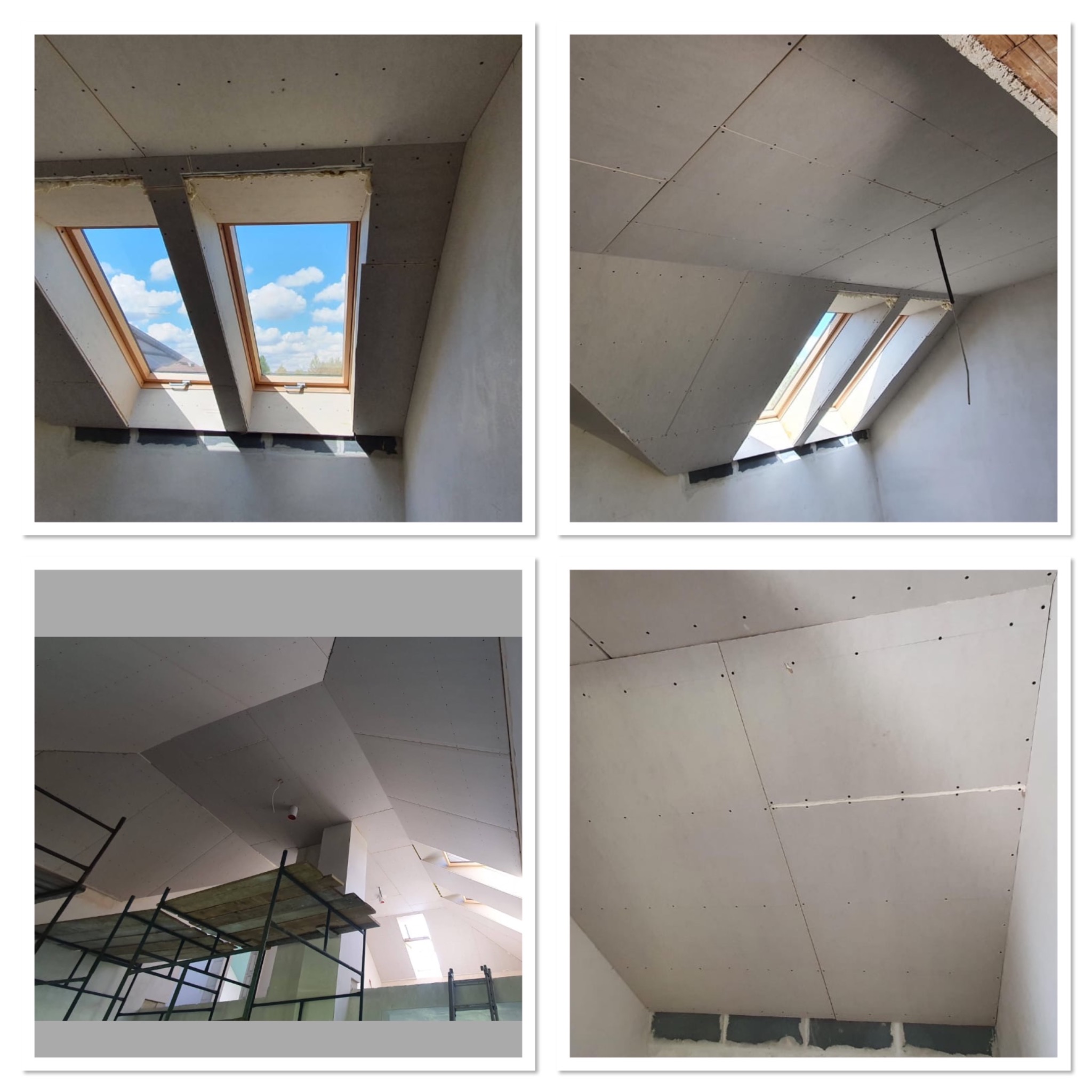 Cztery ujęcia poddasza w trakcie prac wykończeniowych: montaż płyt gipsowo-kartonowych na ścianach i suficie, widoczne okna dachowe z widokiem na niebo, fragment rusztowania.