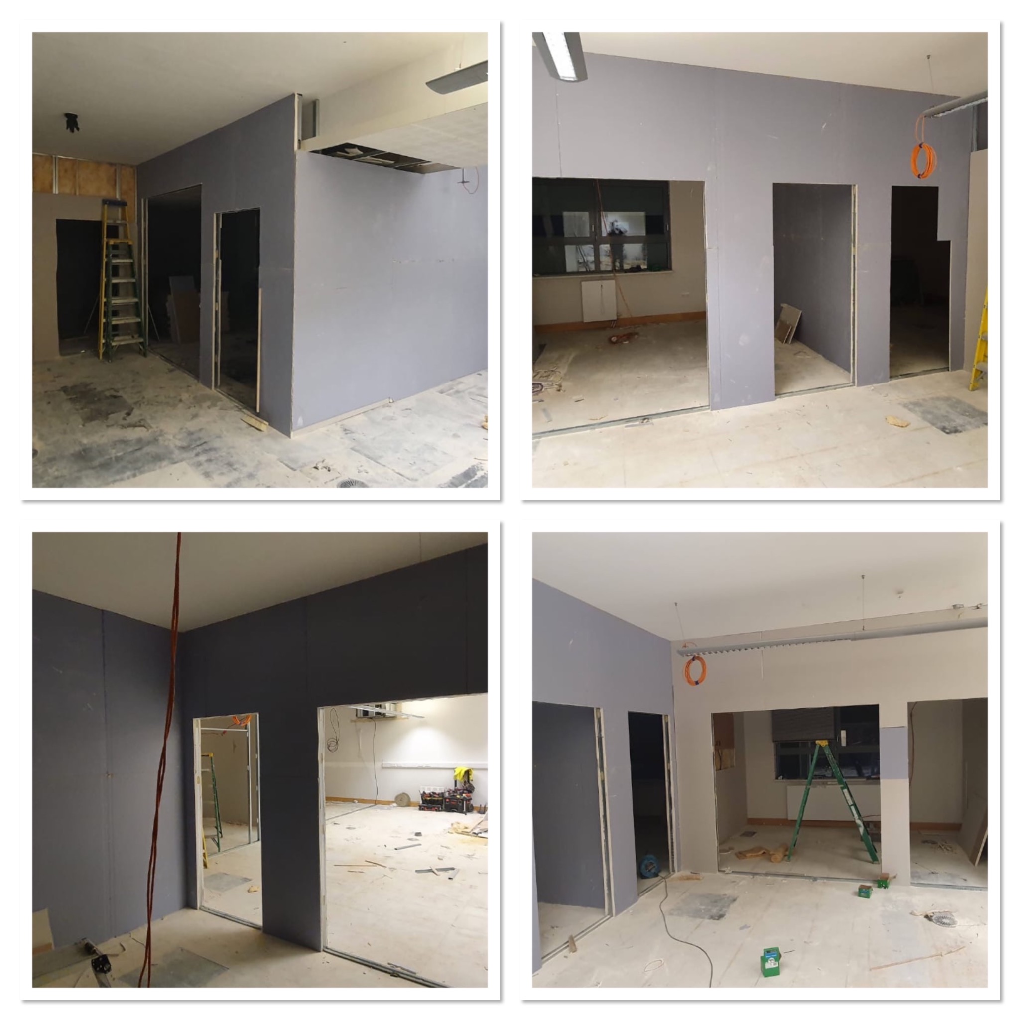 Cztery ujęcia wnętrza w trakcie remontu, ściany pokryte szarą płytą gipsowo-kartonową z wyciętymi otworami na drzwi, widoczna drabina, kable i narzędzia na podłodze.