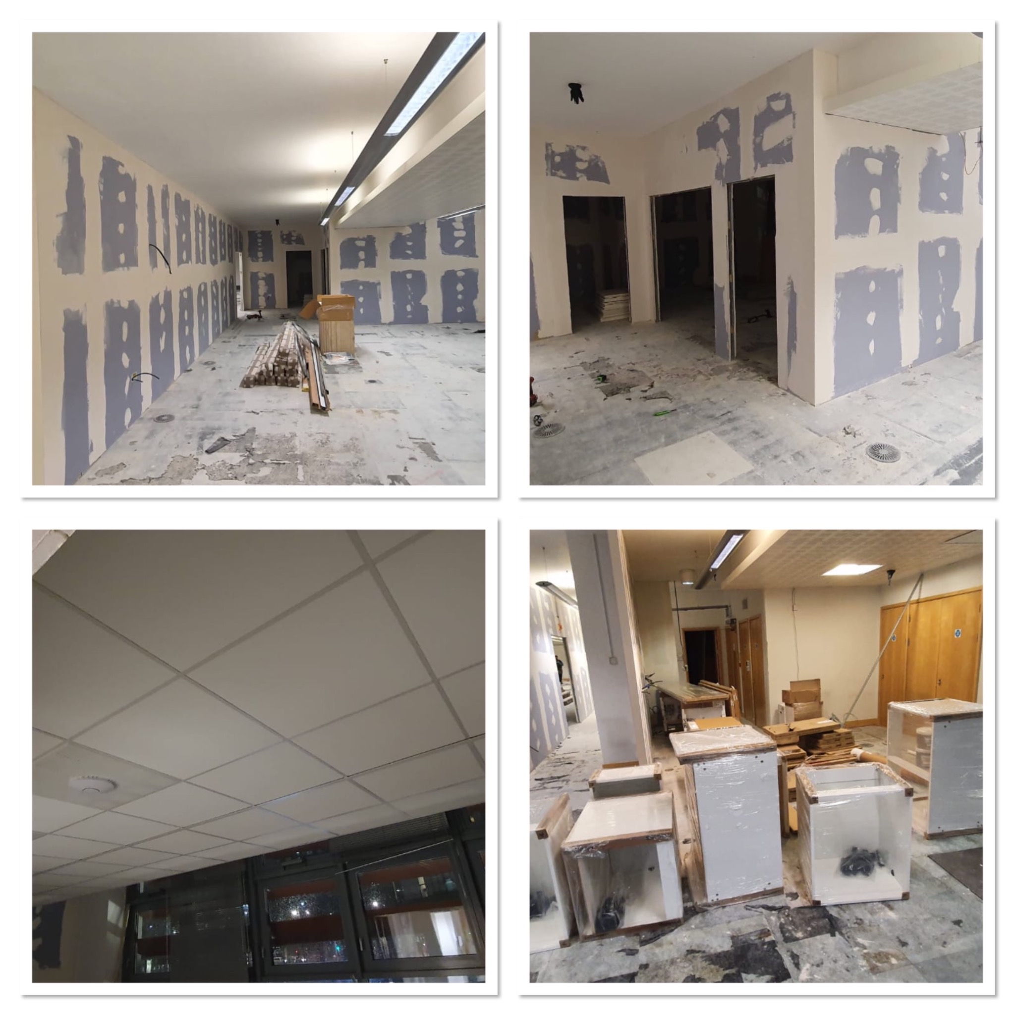 Wnętrze biura w trakcie przygotowania do malowania: ściany z widocznymi łatami szpachli, podłoga zabezpieczona folią, widoczne elementy instalacji pod sufitem i przygotowane szafki do montażu.