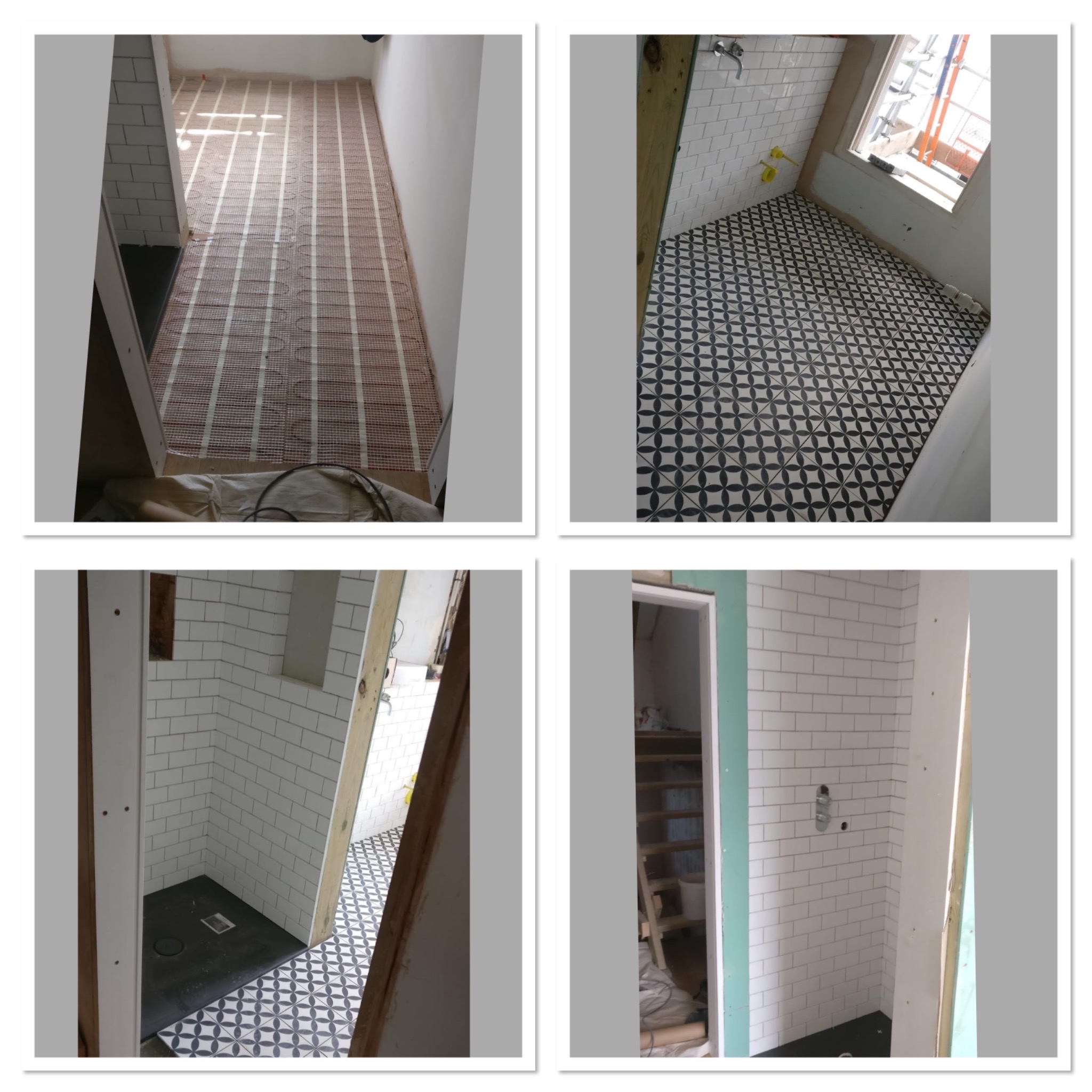 Cztery kadry z remontu łazienki: instalacja ogrzewania podłogowego, ułożona wzorzysta podłoga, obłożone białymi płytkami ściany z zamontowaną armaturą.