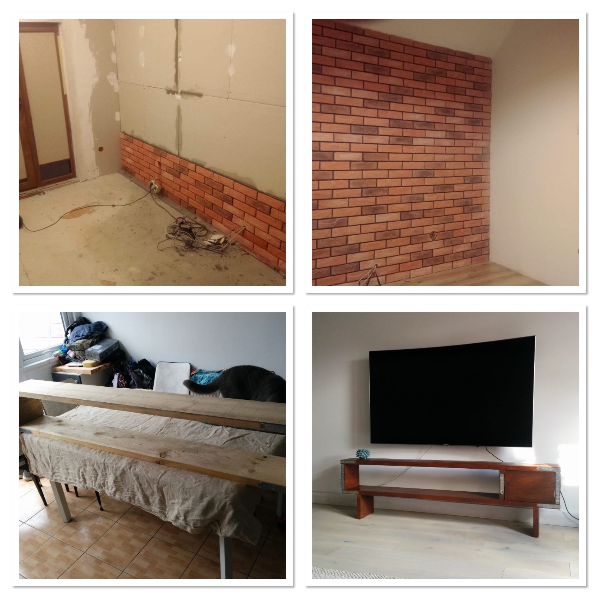 Cztery kadry z remontu mieszkania: fragment ściany z cegiełką dekoracyjną w trakcie montażu, gotowa ściana z cegiełką, surowe deski na stole przykrytym płótnem oraz gotowa szafka RTV z telewizorem...