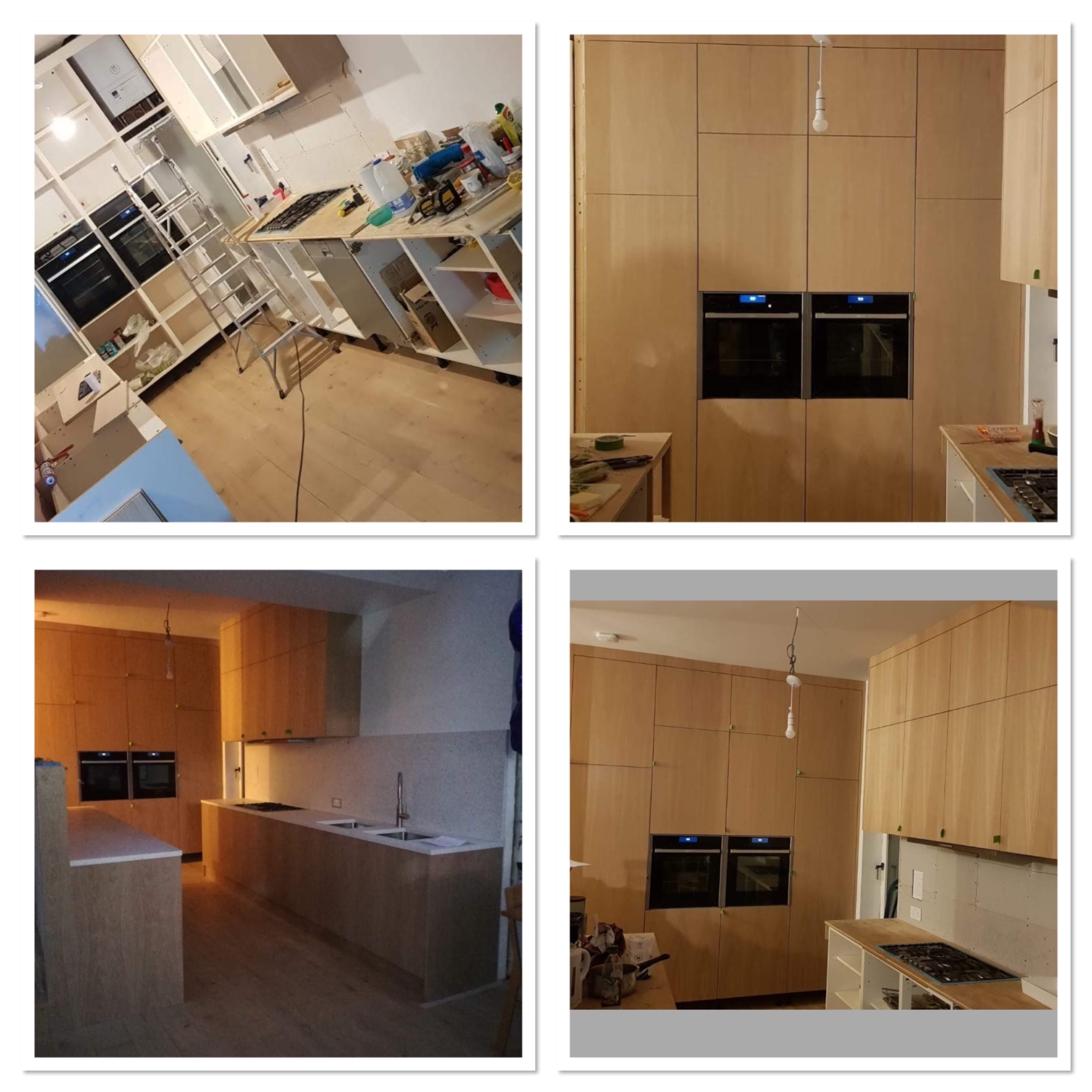 Cztery kadry z montażu nowoczesnej kuchni z drewnianymi frontami: widoczne zabudowy szafek, sprzęt AGD w zabudowie, drabina, narzędzia i akcesoria montażowe, stan surowy ścian w tle.
