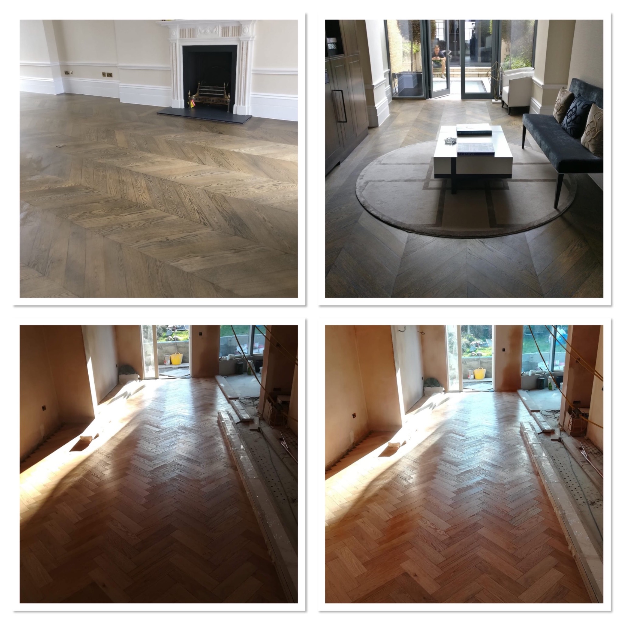 Ułożona parkietowa podłoga w jodełkę, widok na salon z kominkiem i na pokój z okrągłym dywanem, oraz zbliżenie na podłogę w trakcie układania z widocznymi narzędziami i materiałami.