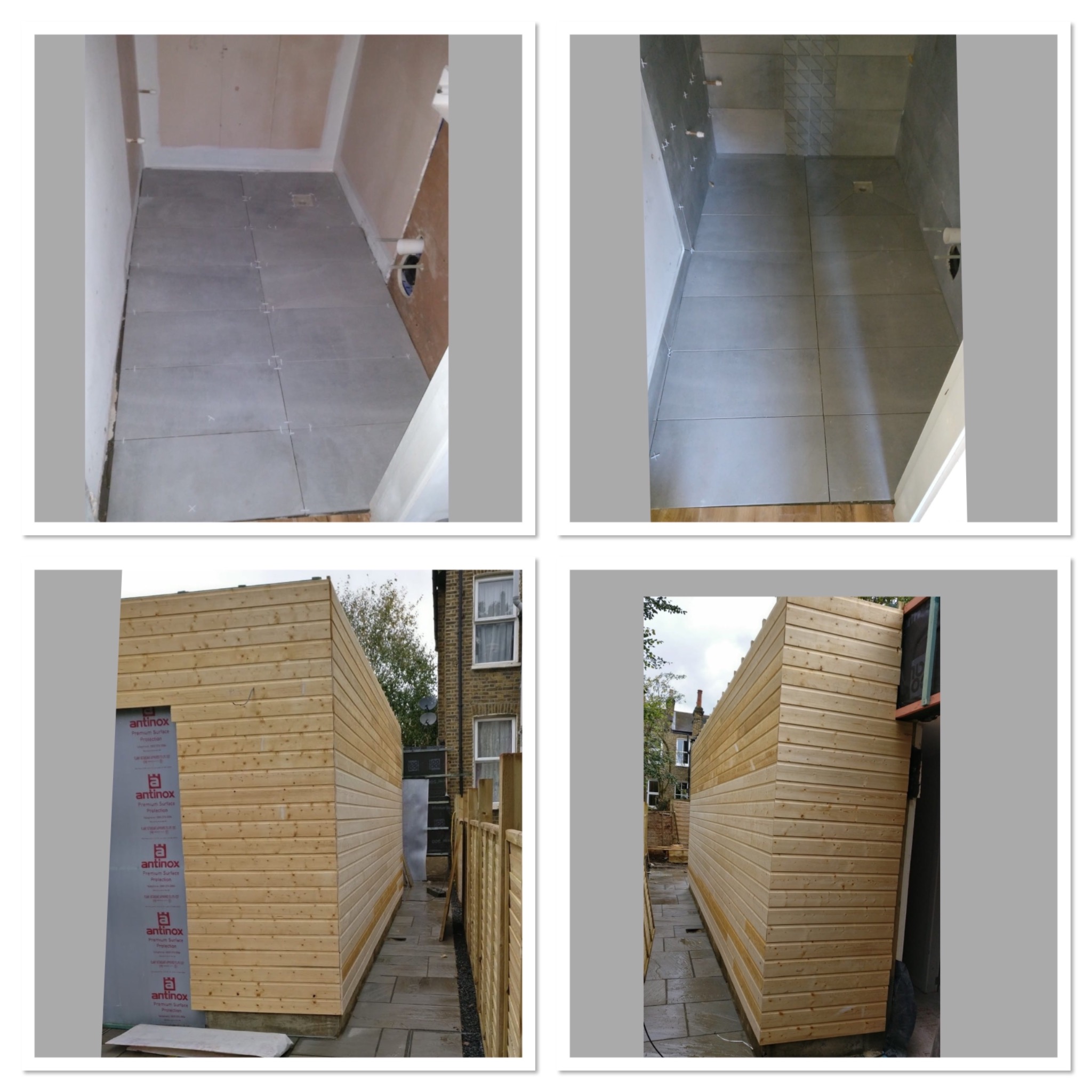 Mozaika zdjęć przedstawiająca postęp prac w łazience: układanie szarych płytek podłogowych z krzyżykami dystansowymi, widok na częściowo wykończone ściany oraz zewnętrzną drewnianą konstrukcję...