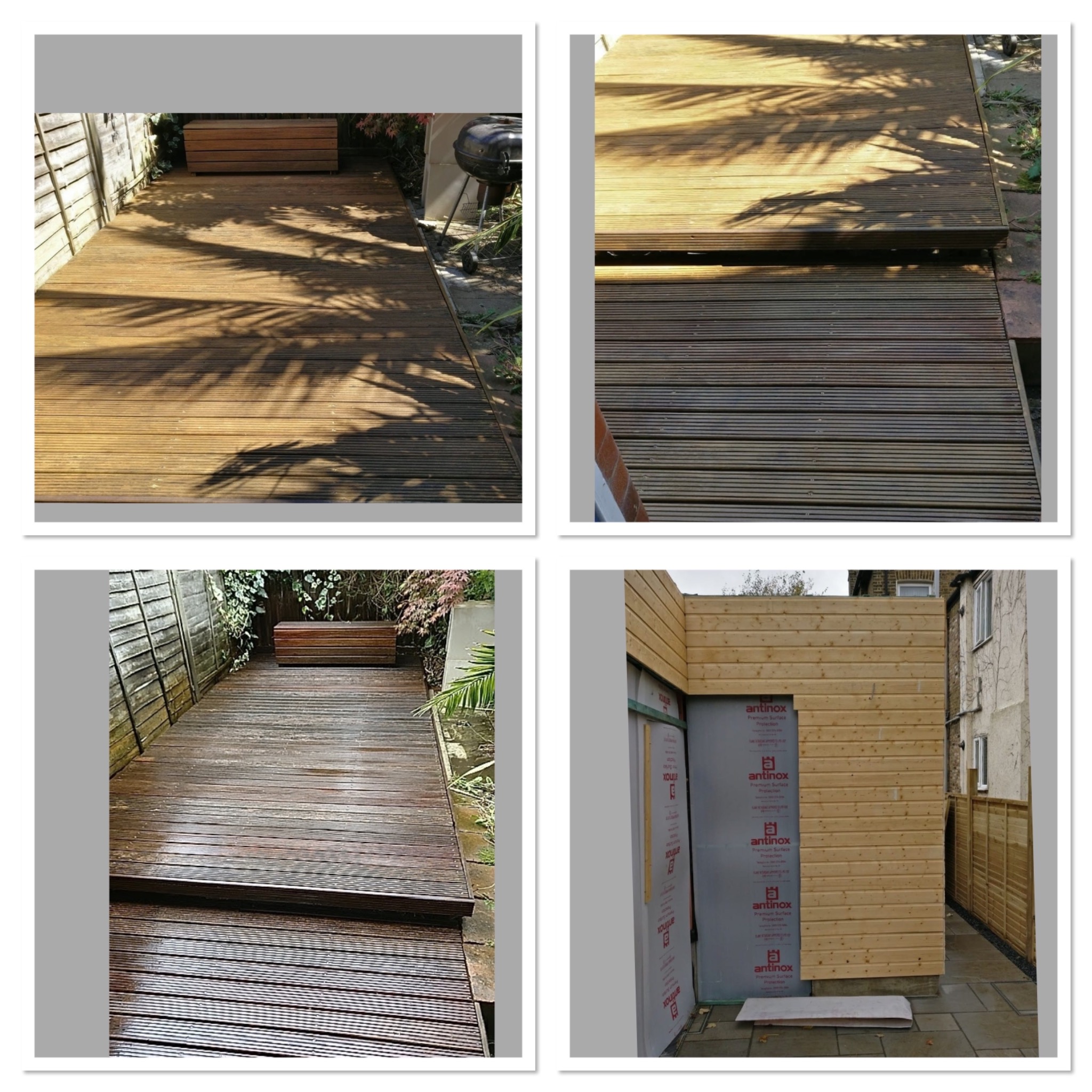 Kompozycja czterech zdjęć: drewniany taras z cieniem drzew, zbliżenie na deski tarasowe, mokry taras z ławką i drewniana konstrukcja budynku z izolacją przeciwwilgociową.