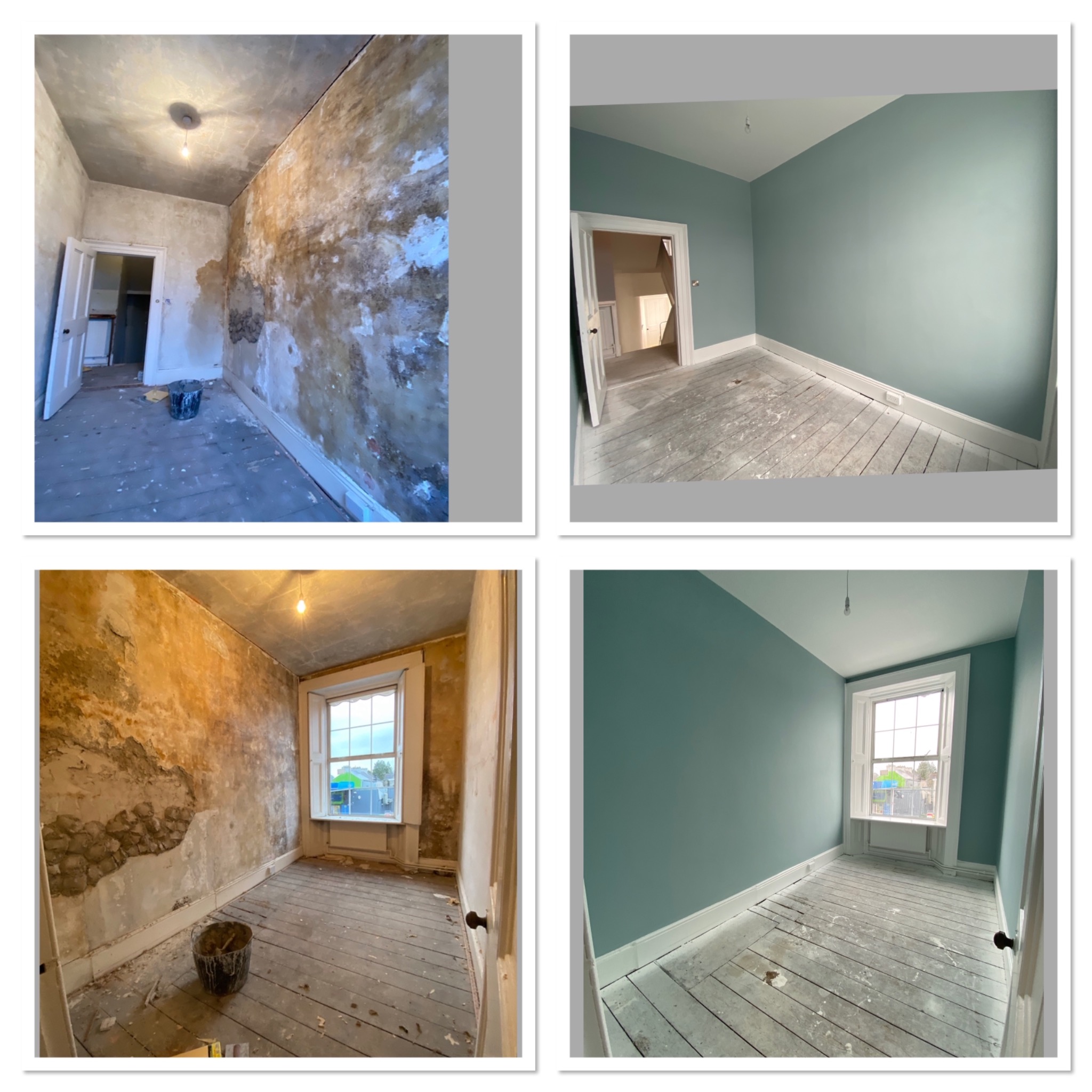 Kolaż przedstawia pokój przed i po malowaniu ścian na kolor morski, widoczne ślady farby na podłodze z desek, surowa ściana w kontraście z pomalowaną, okno z białymi ramami.