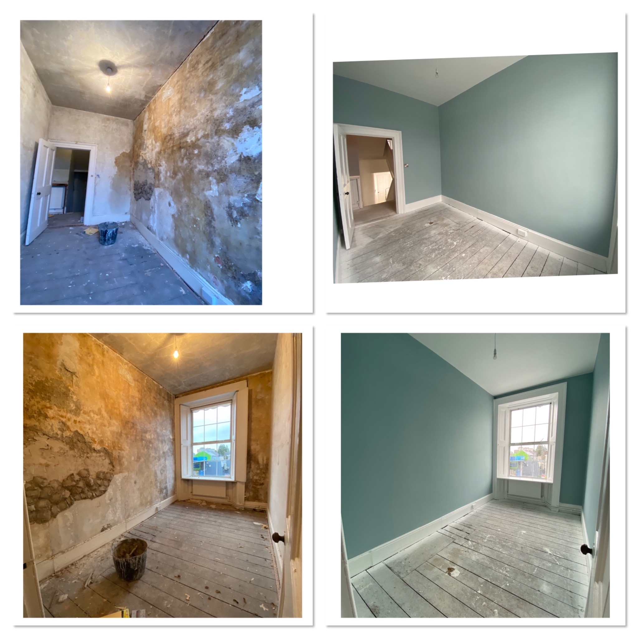 Kolaż przedstawiający pokój przed i po malowaniu: surowe ściany z resztkami starej farby zestawione z gładkimi ścianami pomalowanymi na odcień błękitu, drewniana podłoga z zabrudzeniami po remoncie.