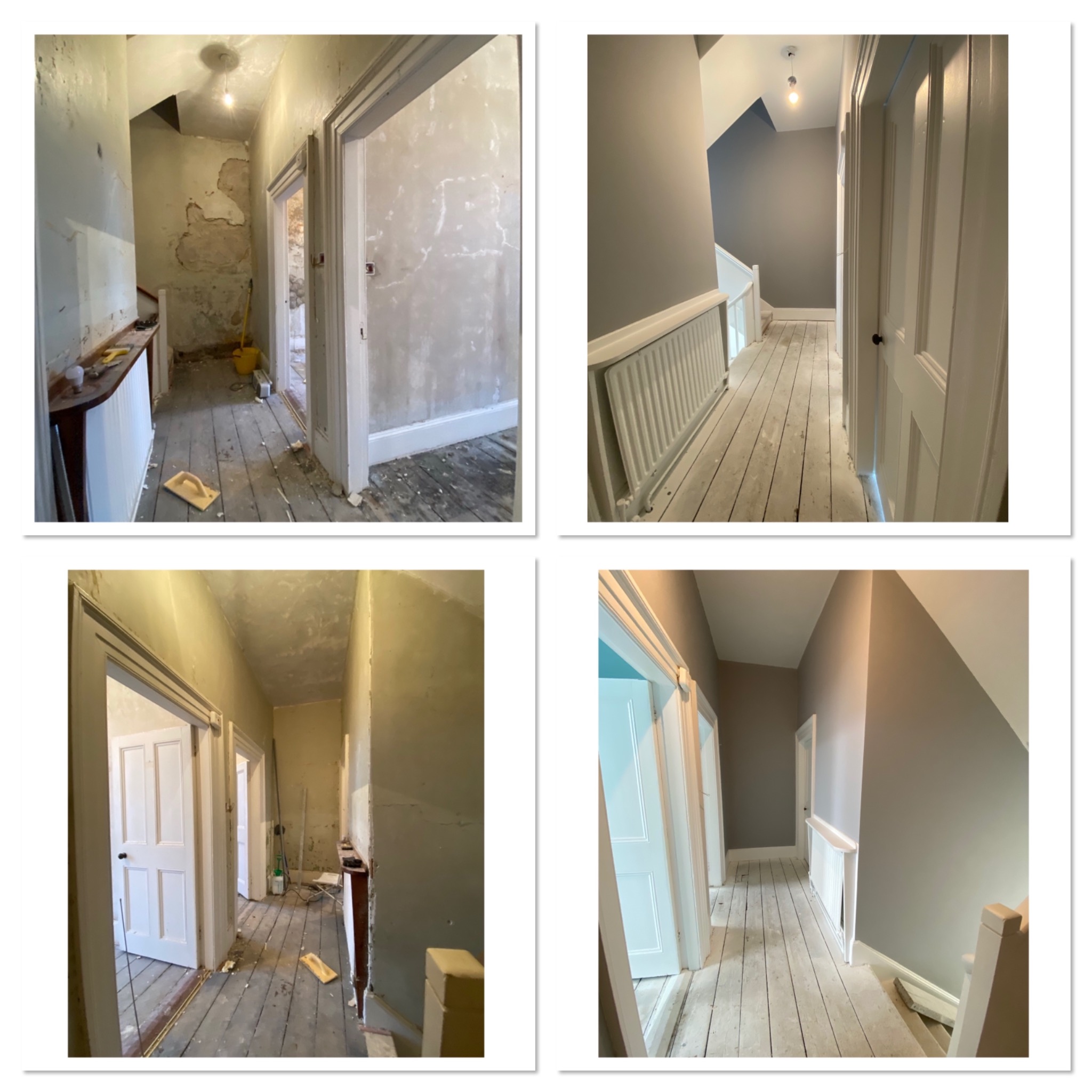 Kolaż zdjęć przedstawiający korytarz w dwóch etapach: przed i po pracach remontowych. Na zdjęciach 'przed' widoczne są ściany z ubytkami tynku, stare drewniane podłogi i widoczne instalacje.
