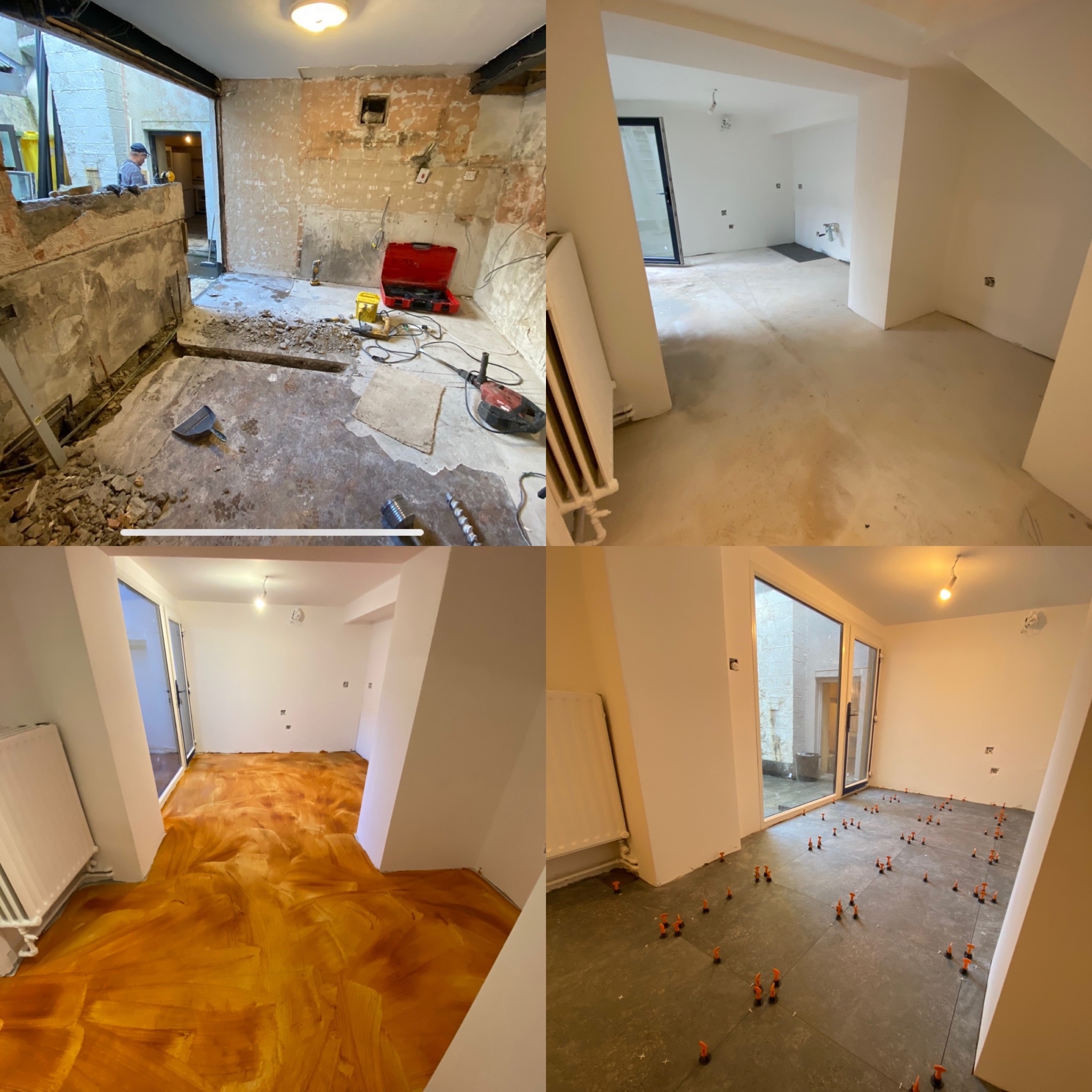 Czteropanelowe zdjęcie przedstawiające postęp prac w pomieszczeniu: od stanu surowego z odsłoniętą cegłą i gruzem, przez przygotowanie podłoża, aż po wylewkę żywiczną i układanie płytek z użyciem...