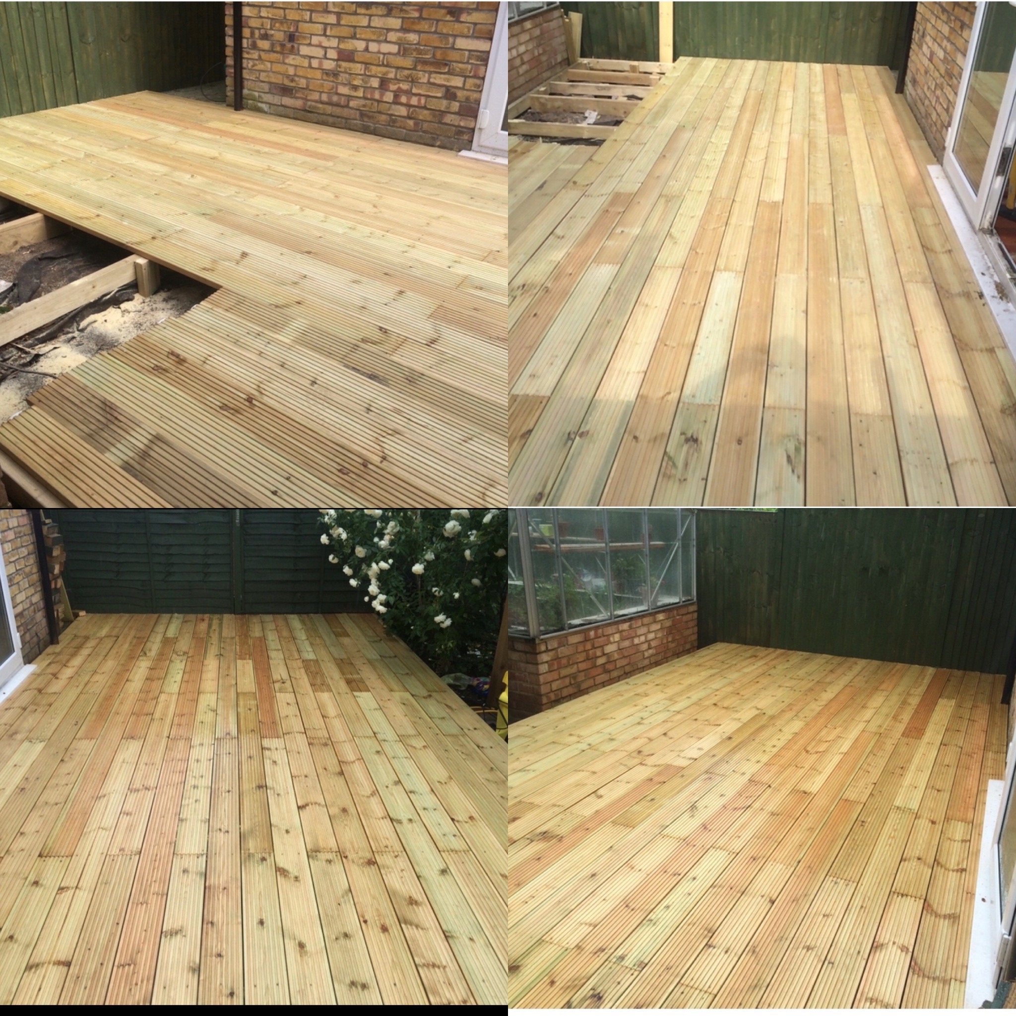 Montaż drewnianego tarasu z desek ryflowanych, widoczne etapy budowy, od konstrukcji nośnej po ułożone deski, tło z ceglanym murem i zielonym ogrodzeniem.