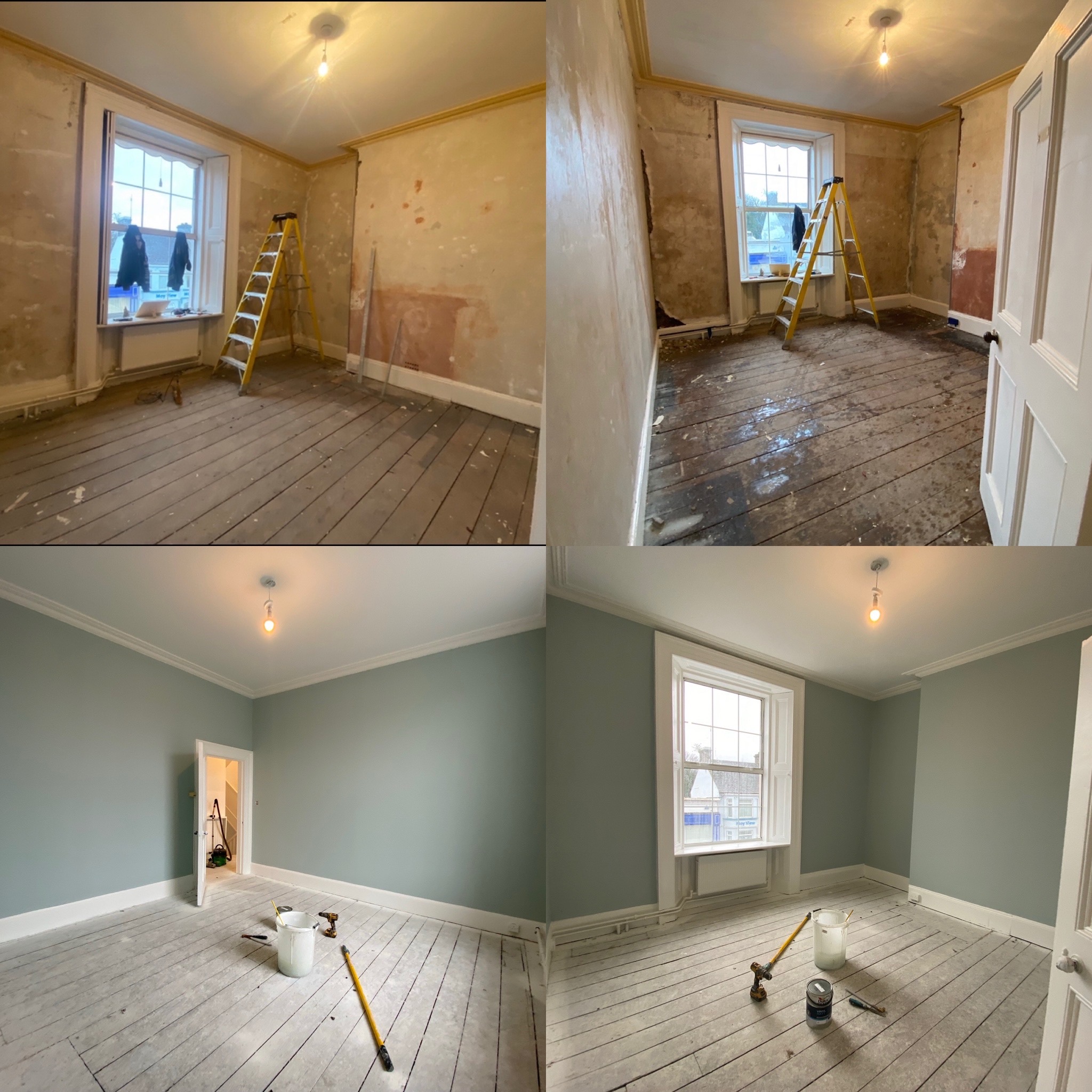 Czteropanelowe ujęcie pokoju w Brzostku, prezentujące etapy prac: od przygotowania ścian z widoczną drabiną i śladami po szpachlowaniu, po świeżo pomalowane, błękitne ściany z narzędziami...
