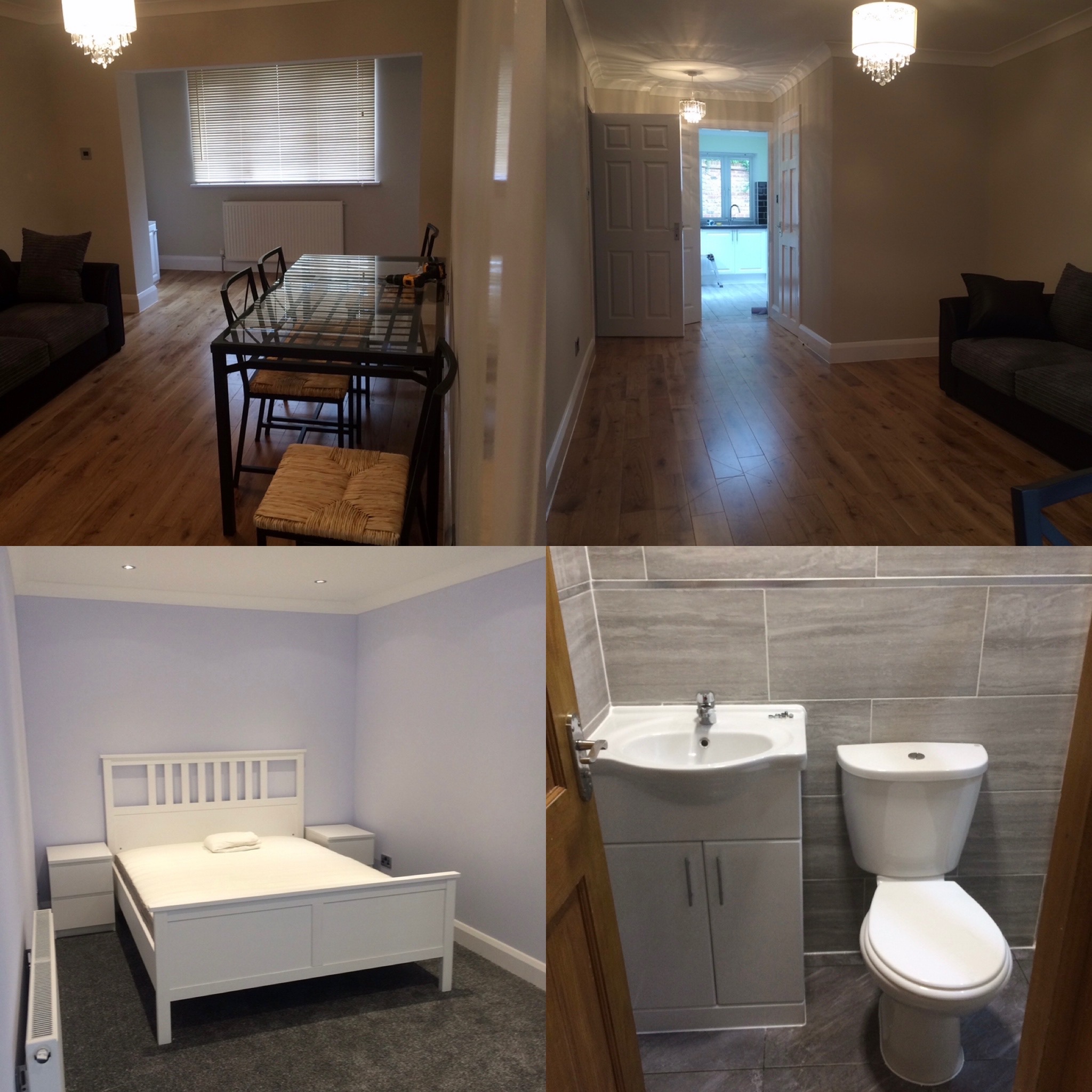 Kolaż czterech zdjęć przedstawiających wnętrza po remoncie: salon z drewnianą podłogą, szklanym stołem i szarą sofą, korytarz z drewnianą podłogą i widokiem na kuchnię, sypialnia z białym łóżkiem...