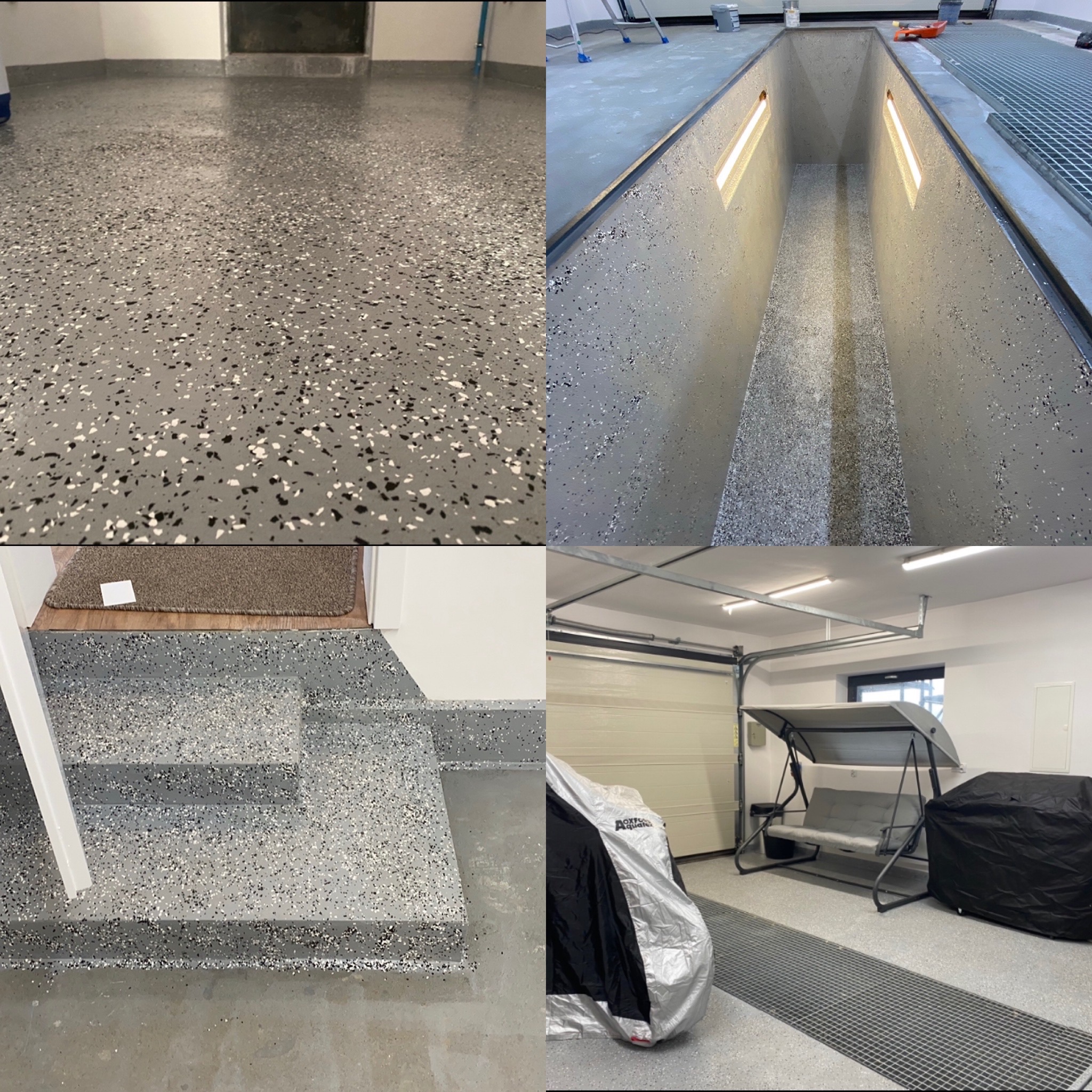 Wielopanelowe ujęcie prezentujące szarą posadzkę z żywicy epoksydowej z czarnymi i białymi wtrąceniami, obejmujące fragment garażu z kanałem inspekcyjnym oświetlonym lampami, schody prowadzące...