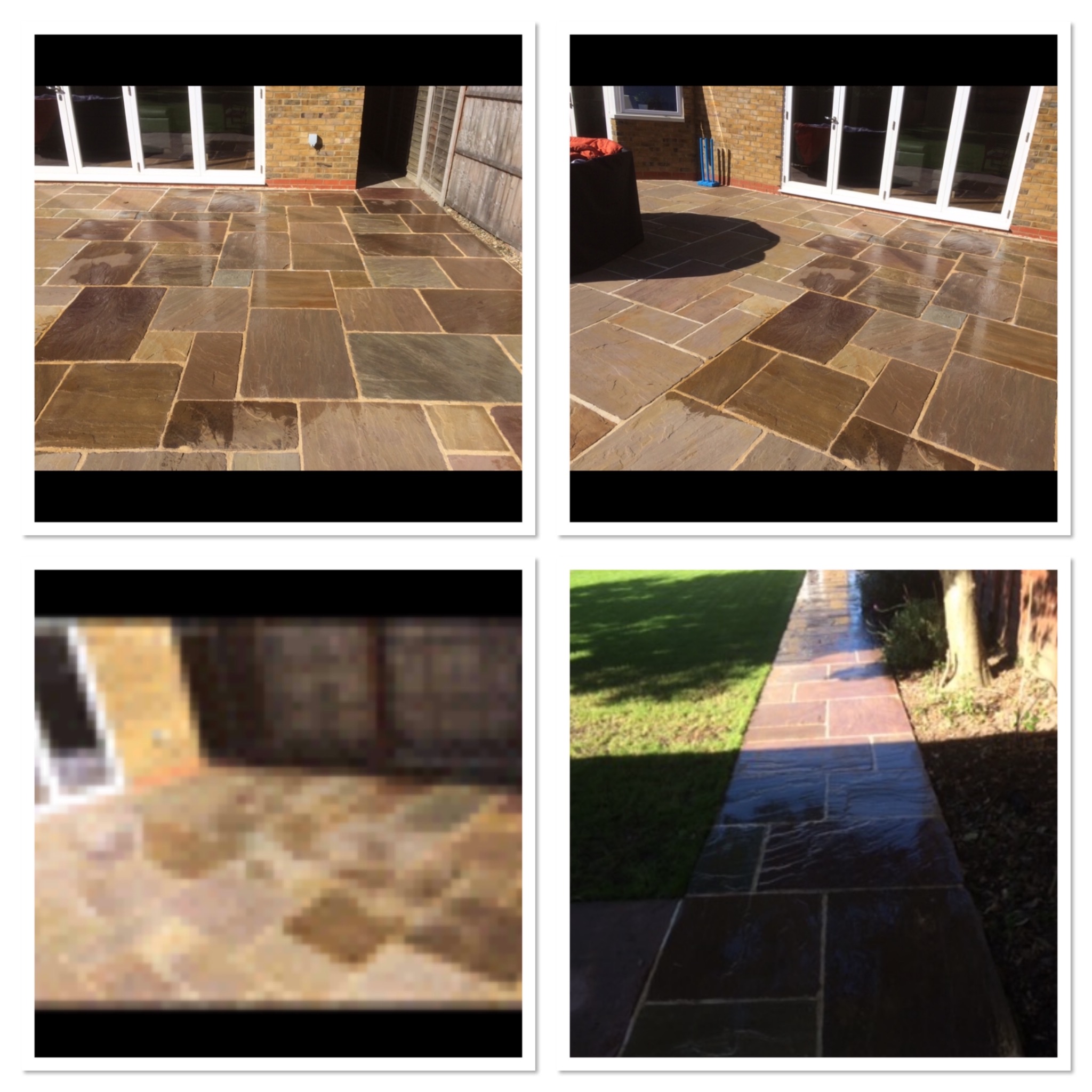 Ułożona z nieregularnych, brązowo-szarych płyt kamiennych nawierzchnia tarasu i ścieżki ogrodowej, z widocznymi drzwiami tarasowymi i fragmentem muru z cegły oraz trawnika.