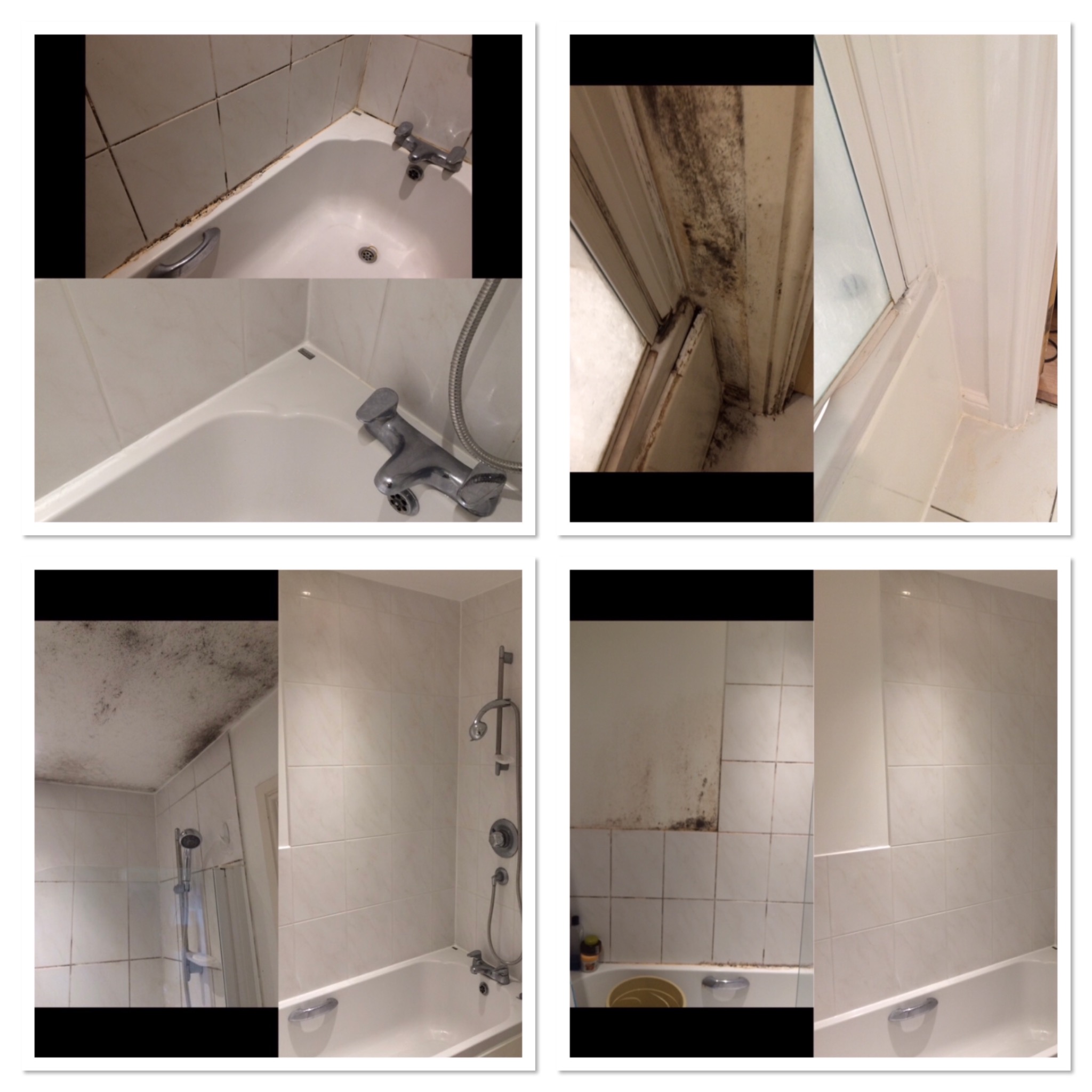 Cztery kadry z łazienki ukazujące problem z pleśnią na fugach i ścianach, widoczne na krawędzi wanny, suficie i w narożniku kabiny prysznicowej.