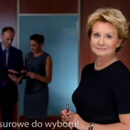 Portret kobiety w czarnej sukience, z perłami i zegarkiem, trzymającej długopis; w tle mężczyzna i kobieta przeglądający tablet w nowoczesnym biurze.