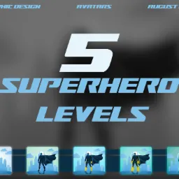 Grafika przedstawiająca pięć poziomów rozwoju superbohatera, od sylwetki na tle miasta po postać z supermocami, w stylu ilustracji wektorowej z datą August 2023.
