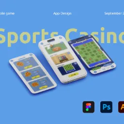 Mockup interfejsu aplikacji mobilnej z motywem sportowego kasyna, prezentujący ekrany z różnymi grami i opcjami zakupu wirtualnej waluty, stworzony w programach Figma, Photoshop i Illustrator.