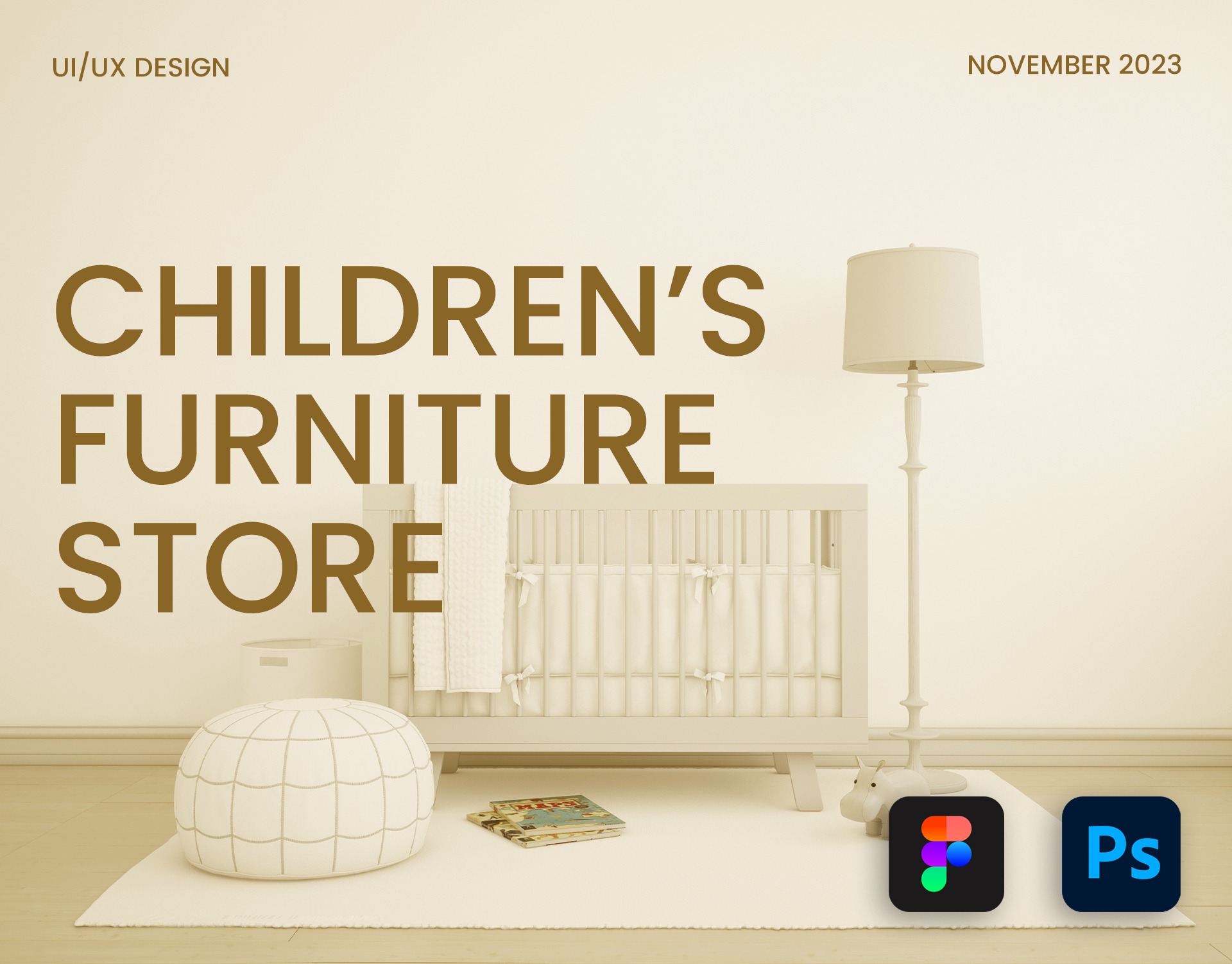 Mockup strony internetowej sklepu z meblami dziecięcymi, prezentujący wizualizację łóżeczka, pufy, lampy i dywanu w pastelowych odcieniach, z ikonami Figma i Photoshop w prawym dolnym rogu.