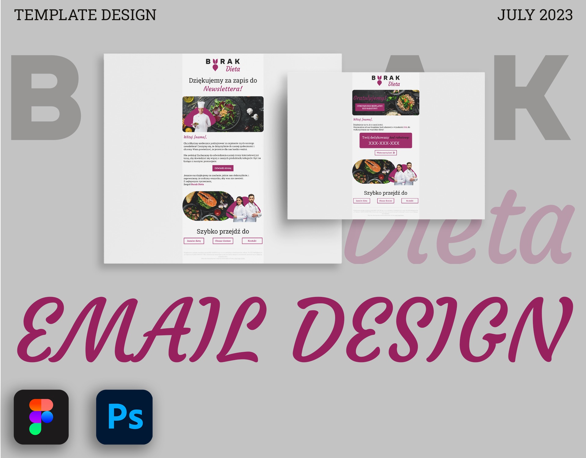 Projekt szablonu e-mail dla firmy Burak Dieta, prezentujący newsletter z podziękowaniem za zapis, kod rabatowy i wezwania do działania, z ikonami Figma i Photoshop w dolnej części.