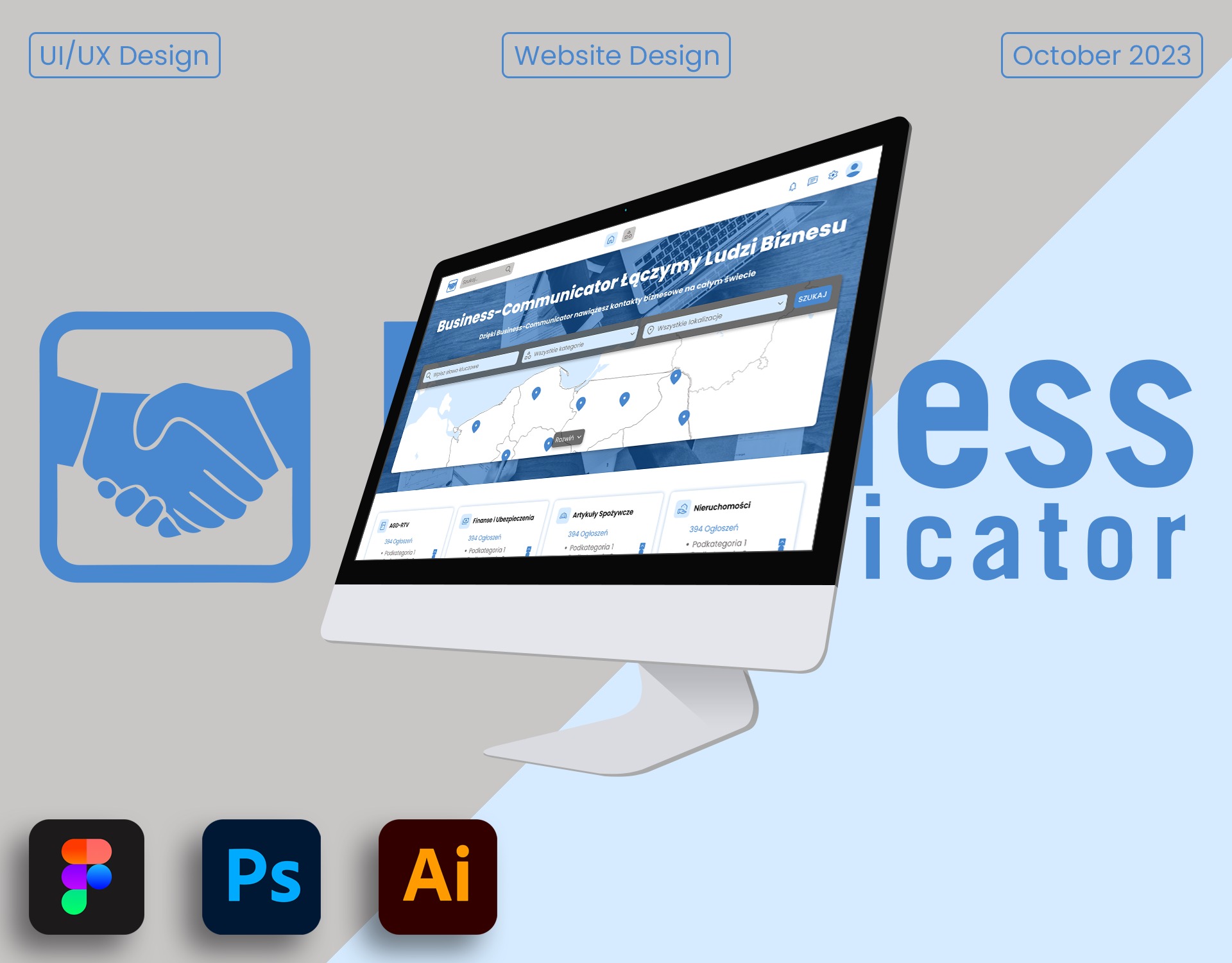 Ekran komputera wyświetlający interfejs strony internetowej Business-Communicator, z mapą i wyszukiwarką, otoczony ikonami programów graficznych Figma, Photoshop i Illustrator oraz symbolem uścisku...
