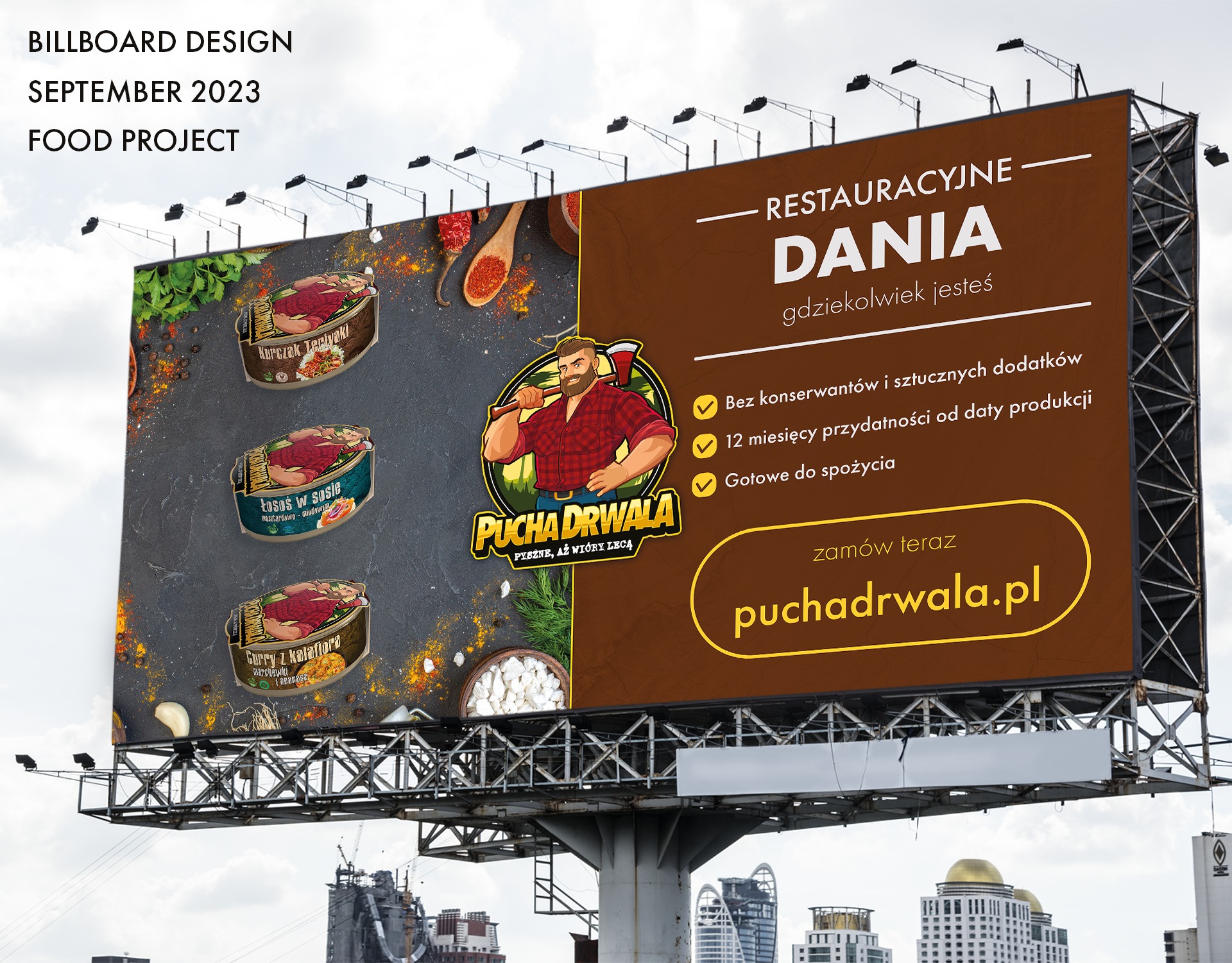 Billboard reklamowy z wizualizacją produktów Pucha Drwala: Kurczak Teriyaki, Łosoś w sosie, Curry z kalafiora. Projekt graficzny z września 2023 roku.