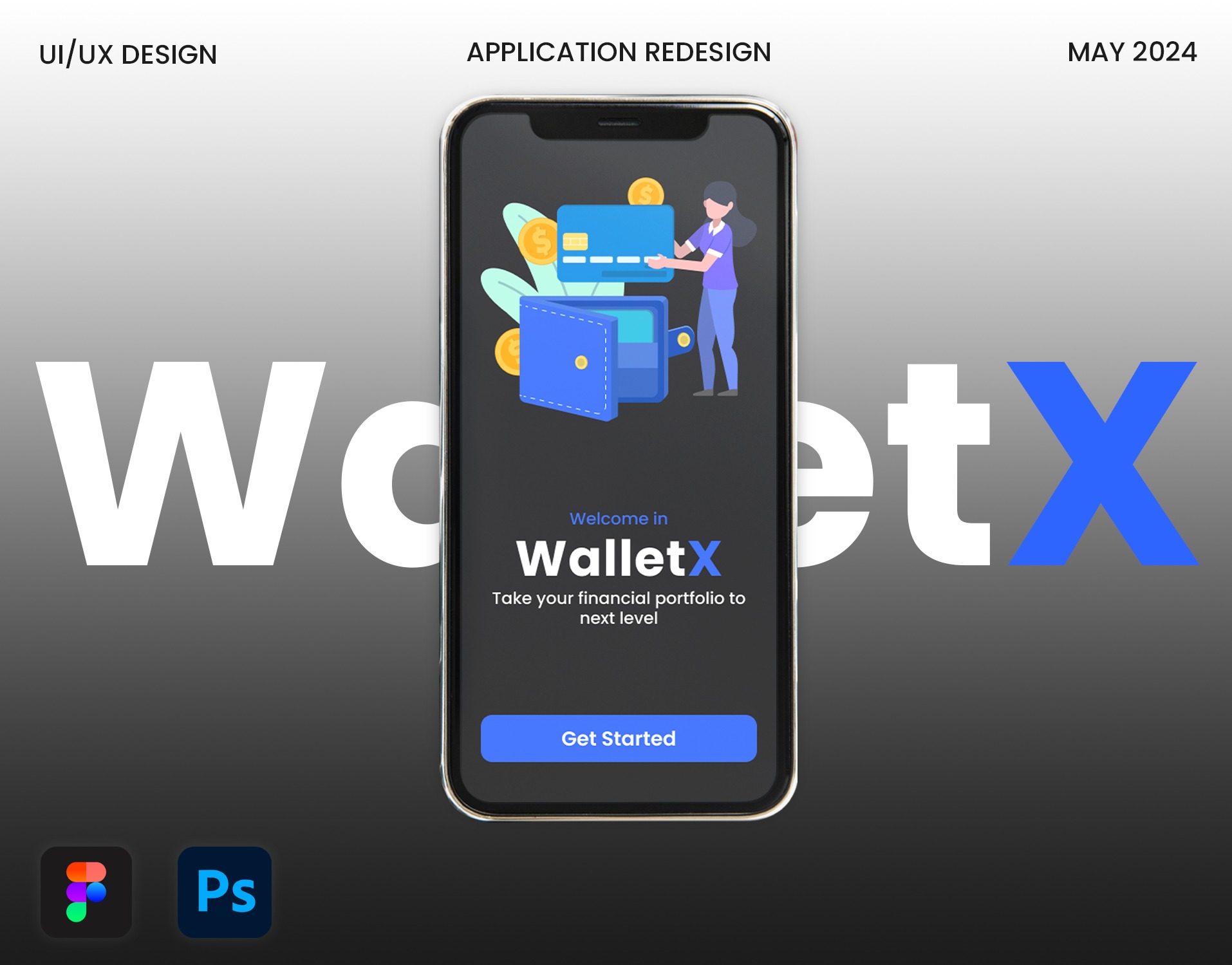 Projekt interfejsu aplikacji mobilnej WalletX na smartfonie, prezentujący proces przenoszenia karty kredytowej z dłoni do portfela, z hasłem 'Take your financial portfolio to next level'.